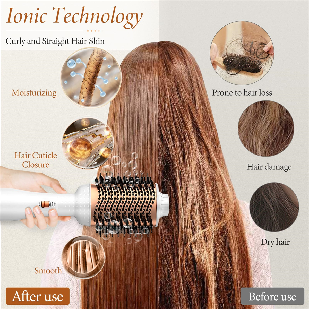 Ein Haarglätter mit visuellen Hilfsmitteln zu Haarschäden, vor und nach der Anwendung und zum Befeuchten.