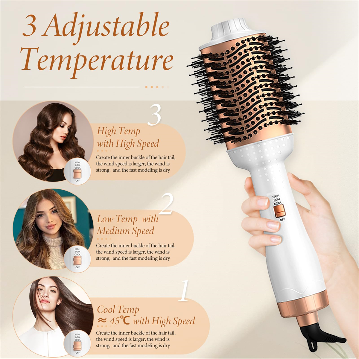 Eine Haarbürste mit einstellbaren Temperaturen. Sie hat einen weißen Griff und einen goldfarbenen Bürstenkopf.