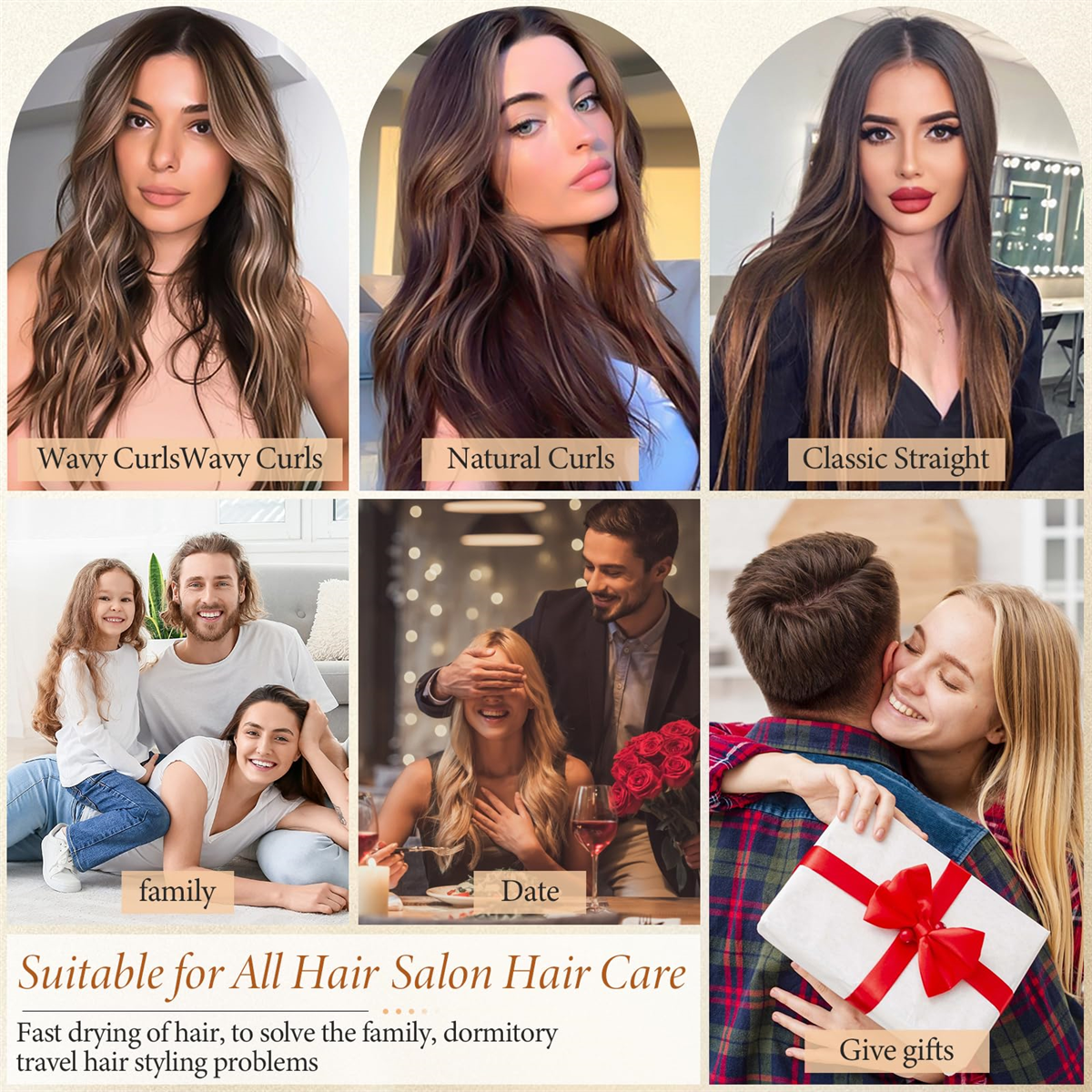 Bilder von Frauen mit verschiedenen Frisuren und Szenarien für Haarpflege, Geschenke usw.