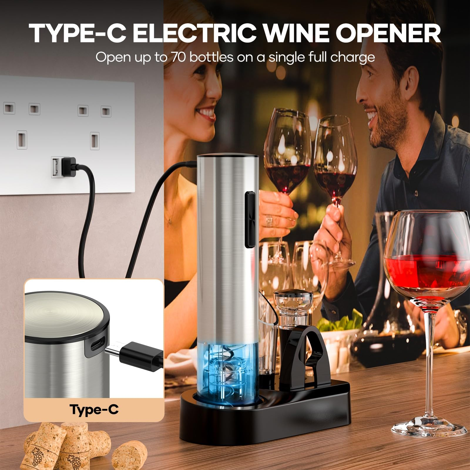 Elektrischer Weinöffner mit Ladekabel und zwei Personen mit Weingläsern im Hintergrund.