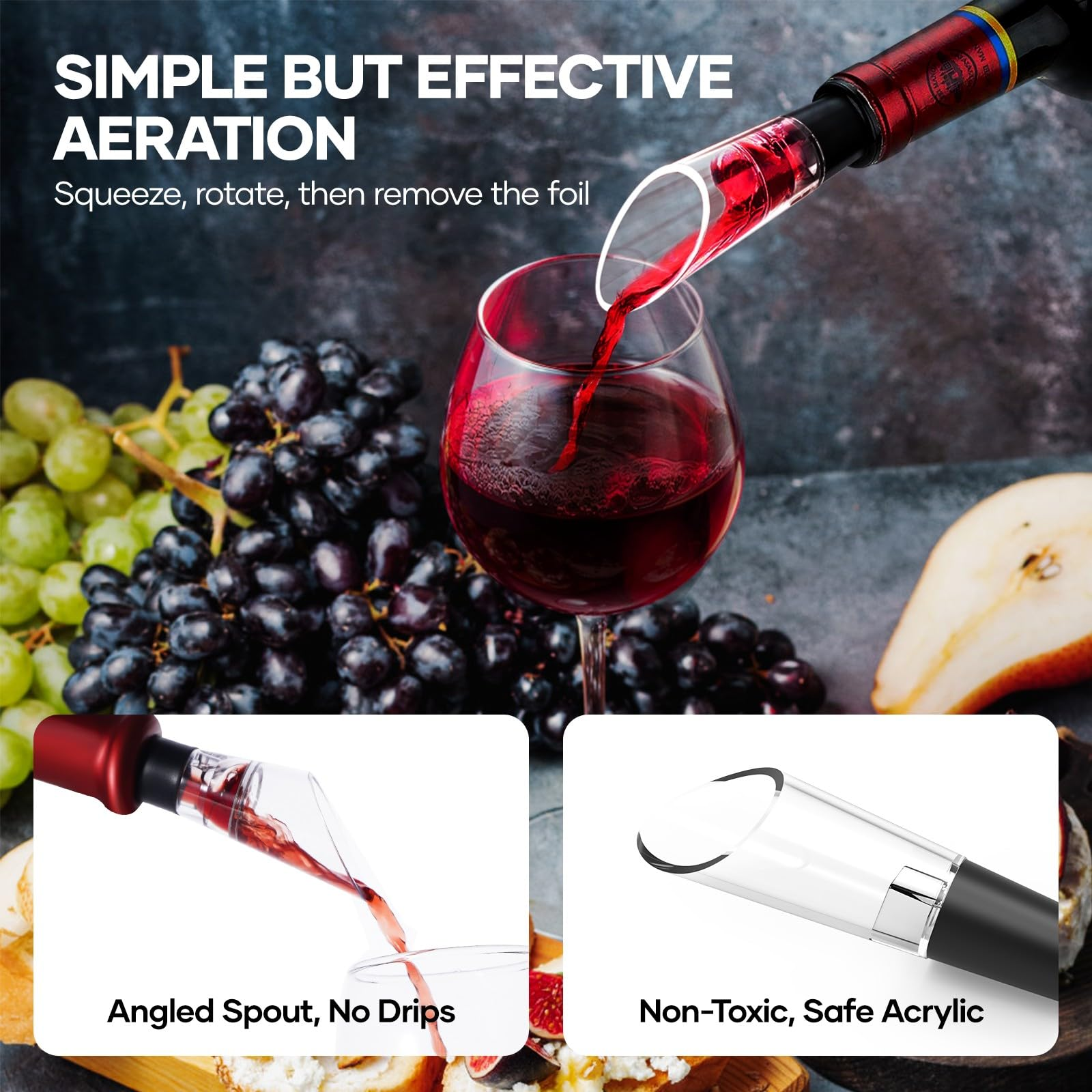 Roter Wein wird in ein Glas gegossen. Trauben, eine Birne und Bilder des Belüfters sind zu sehen.