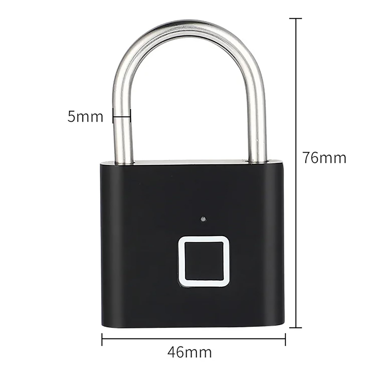 Schwarzes Vorhängeschloss mit Fingerabdruckleser. Bügel aus Edelstahl. Weißer Hintergrund.