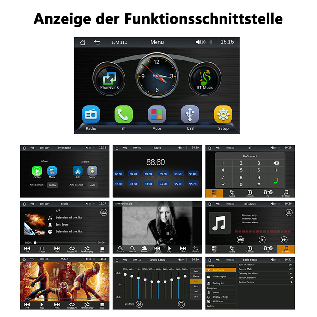 Autoradiobildschirm mit verschiedenen Funktionen. Mehrere Symbole und Text für verschiedene Funktionen.