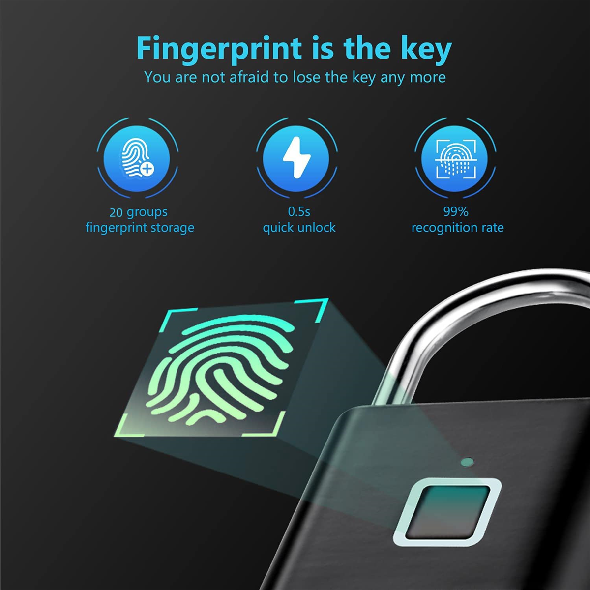 Ein schwarzes Vorhängeschloss mit Fingerabdruckscanner. Links eine Fingerabdruckgrafik.