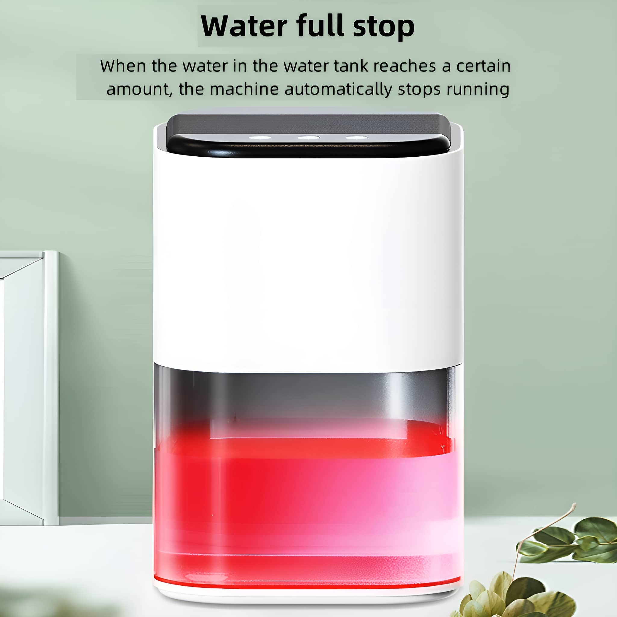 Ein weißer und klarer Luftbefeuchter mit rosa Flüssigkeit, Text Wasser-Stopp. Grüner Hintergrund.