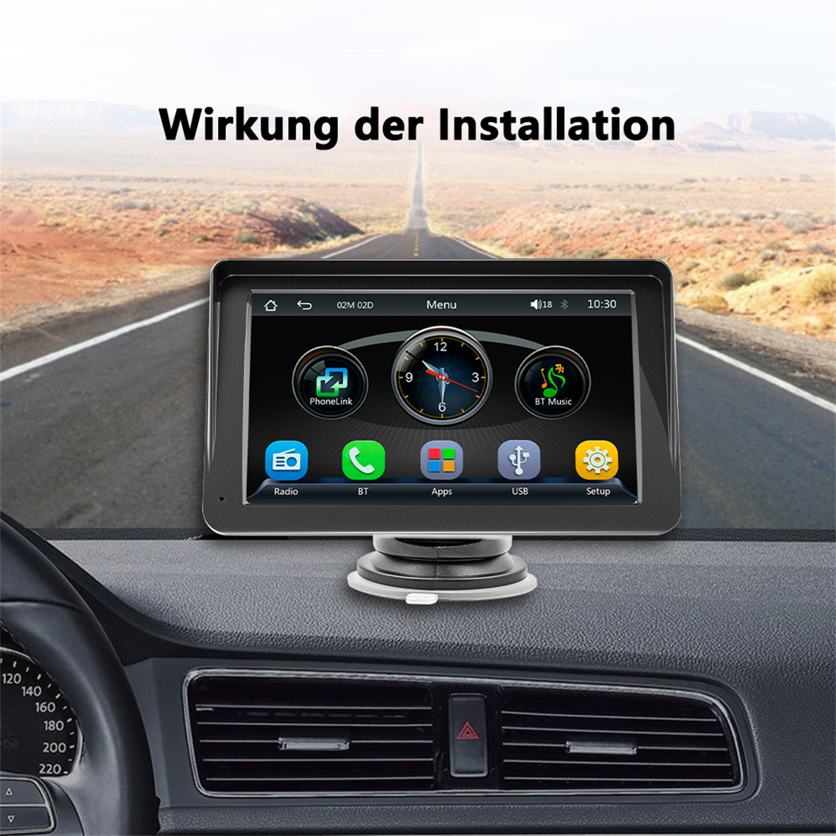 Armaturenbrett-Bildschirm im Auto, der GPS, Zeit, Musik und Telefon-Apps anzeigt. Freie Straße im Hintergrund.