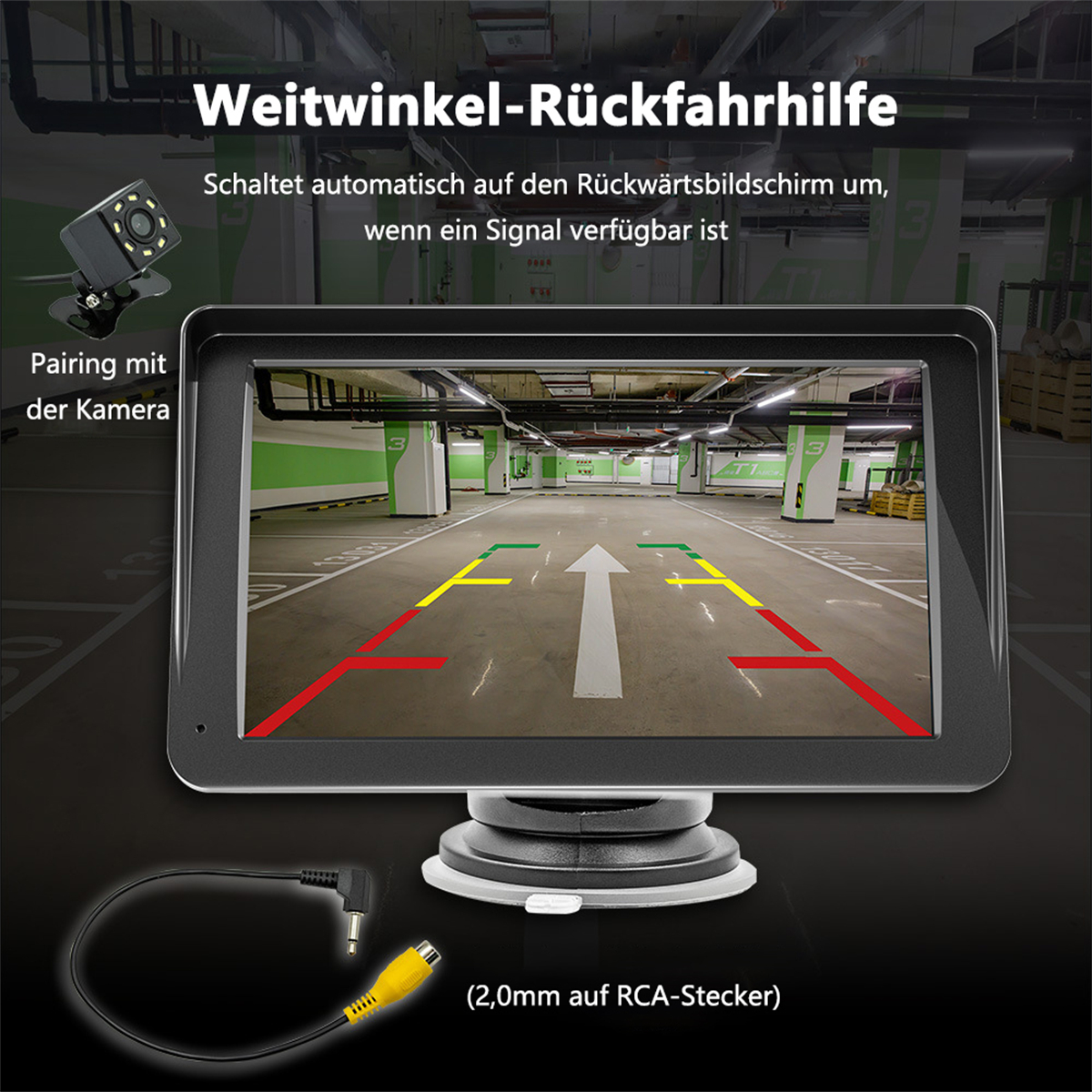 Rückfahrkamera-Display eines Autos mit Parkhaus und Führungslinien.