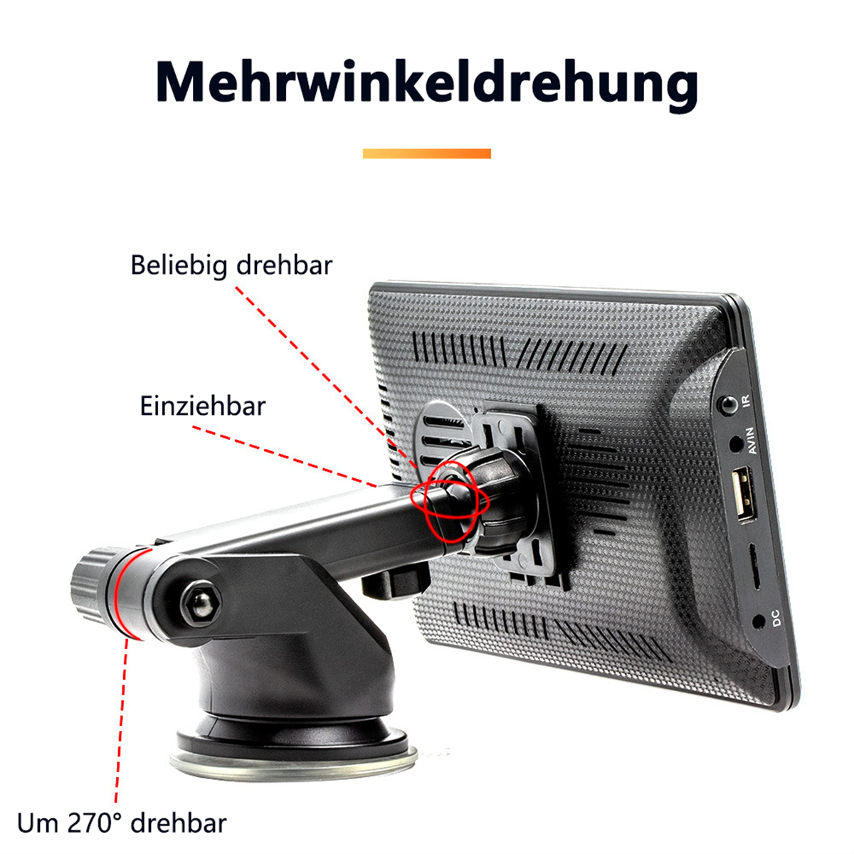 Eine Gerätehalterung mit Beschriftungen, die eine Mehrwinkelrotation anzeigen. Es hat eine Saugnapfbasis und einen Bildschirmhalter.
