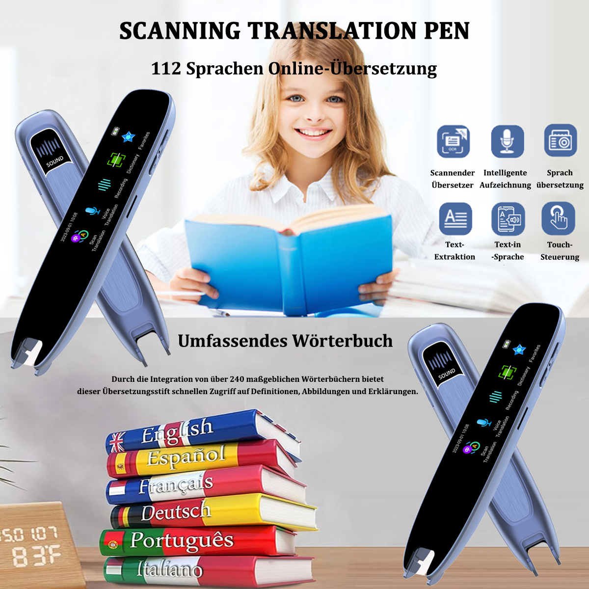 Ein junges Mädchen mit zwei Übersetzungstiften und Büchern, mit mehreren Symbolen und Text.