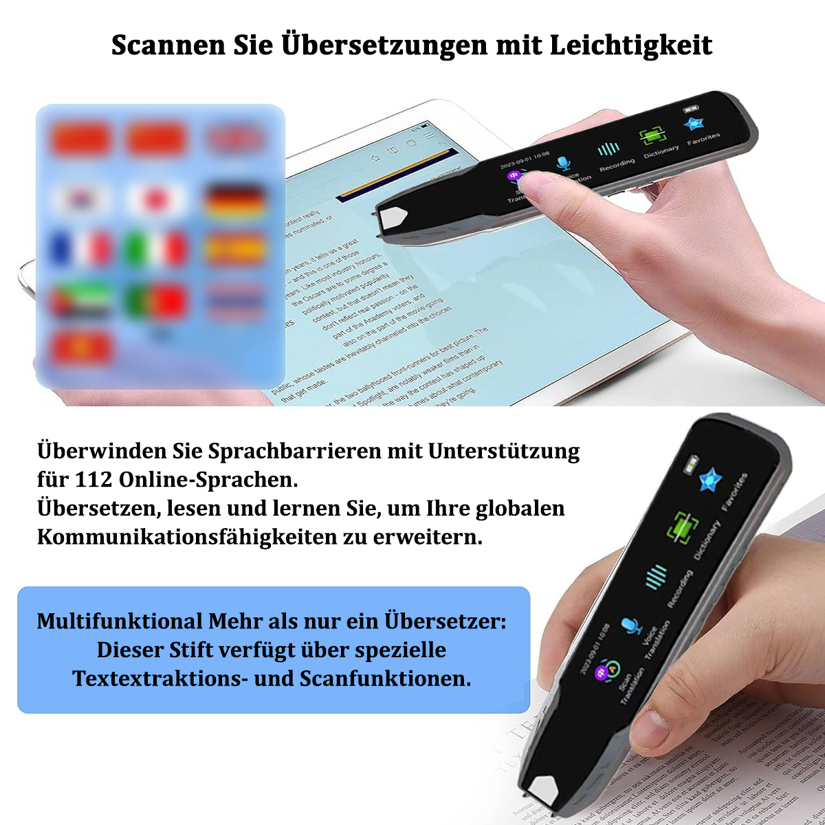 Eine Person benutzt einen digitalen Stift mit einem Bildschirm, der Übersetzungen anzeigt, und ein Tablet.