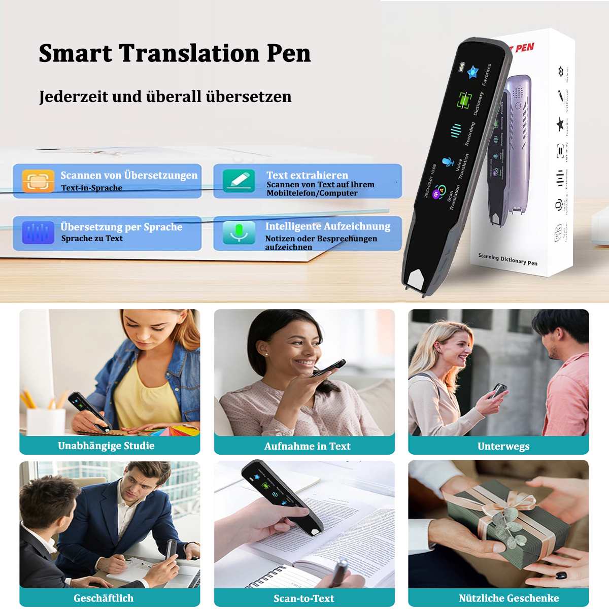 Ein intelligenter Übersetzungstift mit verschiedenen Funktionen, umgeben von Bildern, die seine Anwendungsfälle zeigen.
