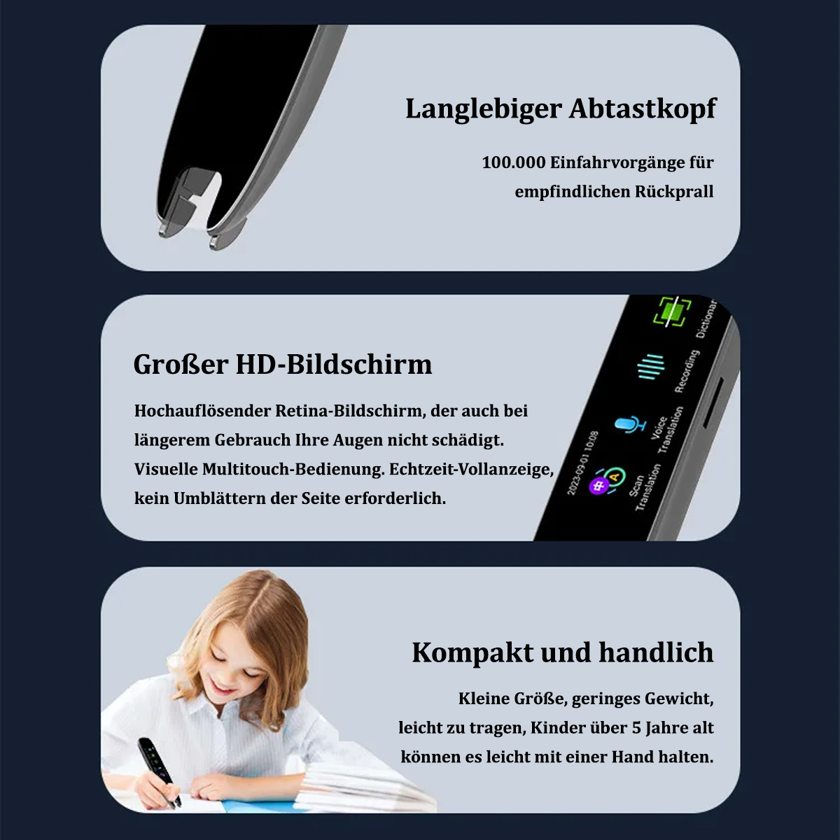 Scan-Stift mit Text über Retina-Bildschirm, kleine Größe und Mädchen, das ihn benutzt.