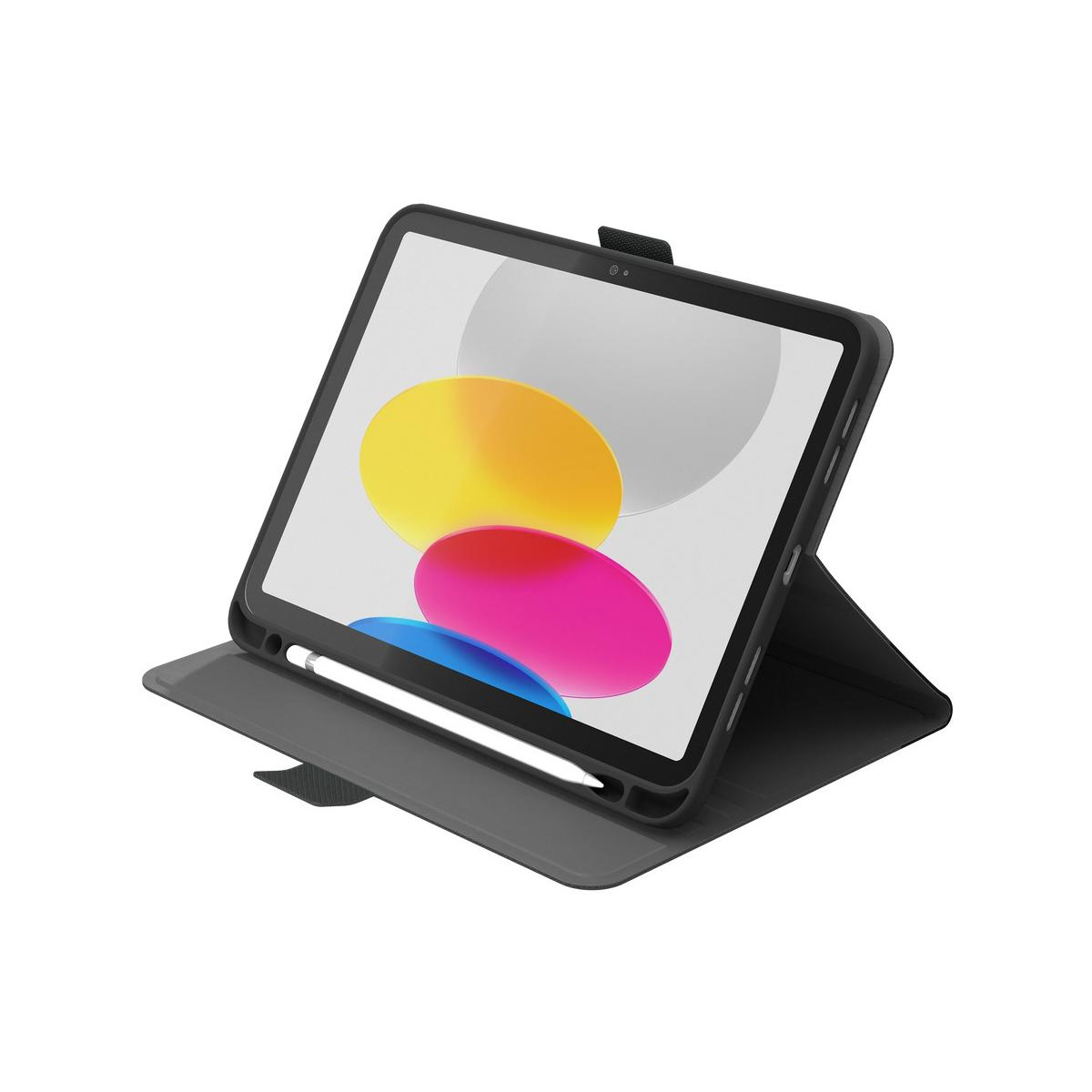 Tablet nero in una custodia grigia, con stilo bianco. Schermo mostra colori.