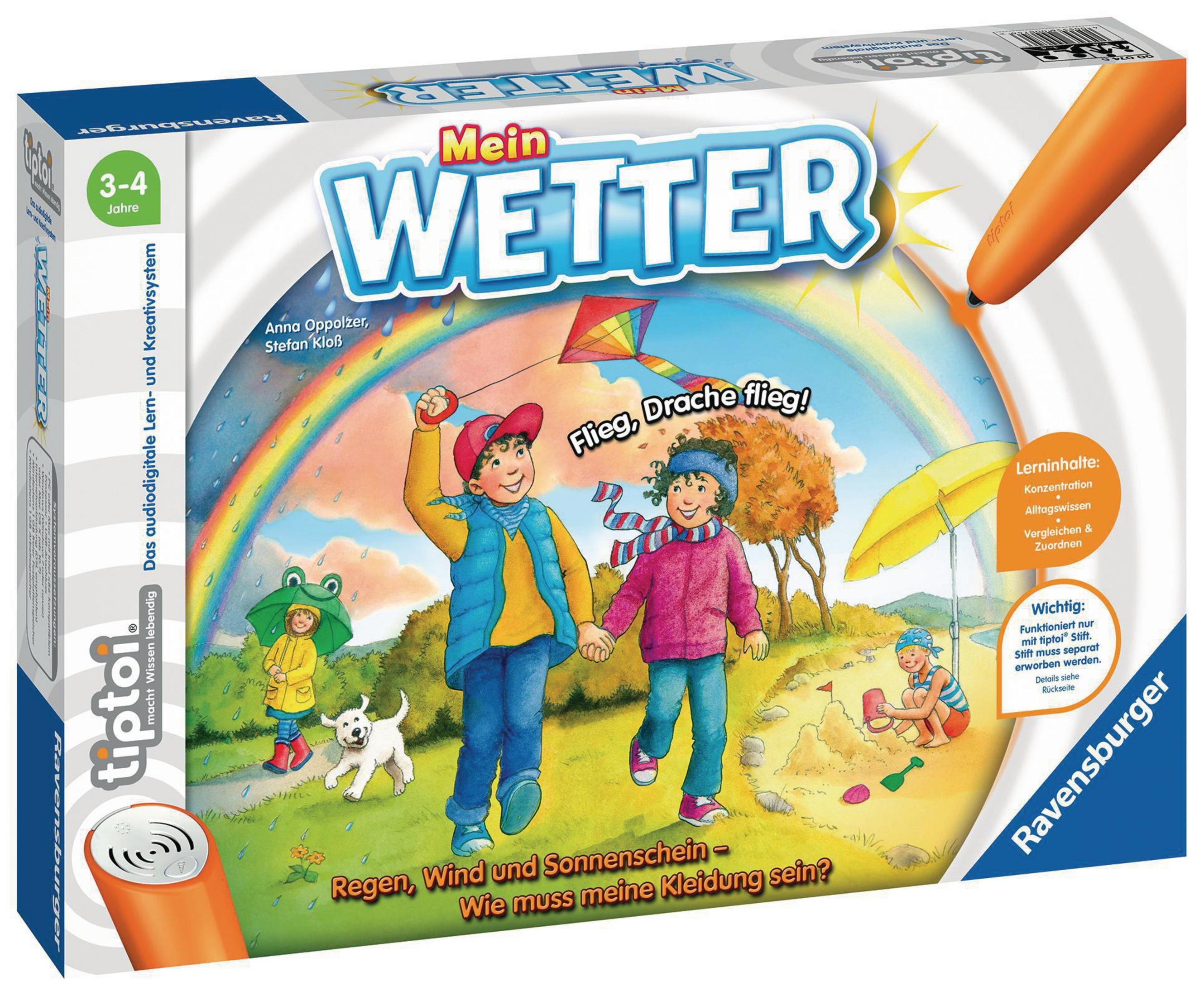 Box mit einer Spielszene: zwei Kinder mit Drachen und Hund, ein Regenbogen und Text.