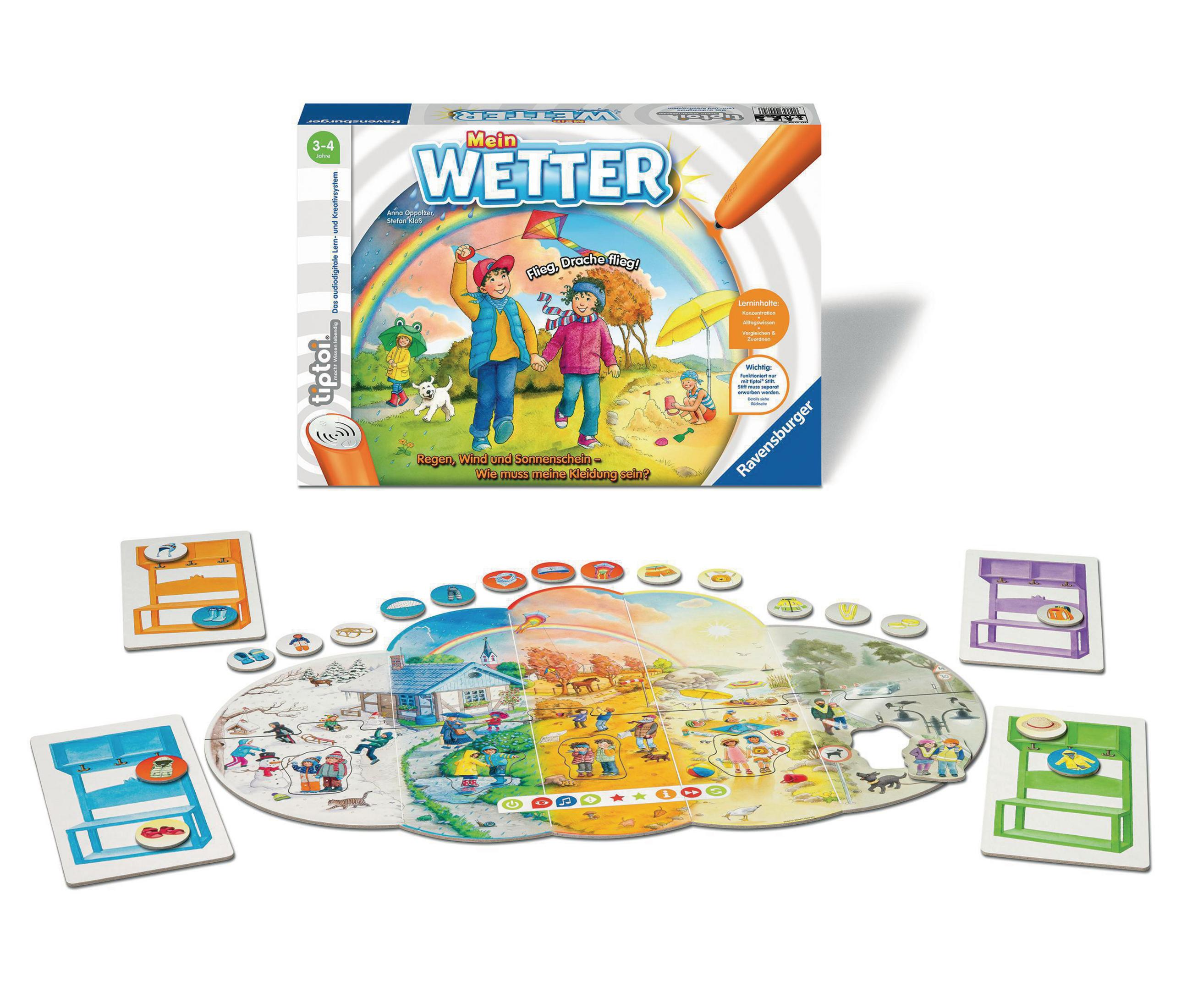 Eine Brettspielbox und Spielsteine, die ein Wettermotiv zeigen, einschließlich Karten und einem Spielbrett.