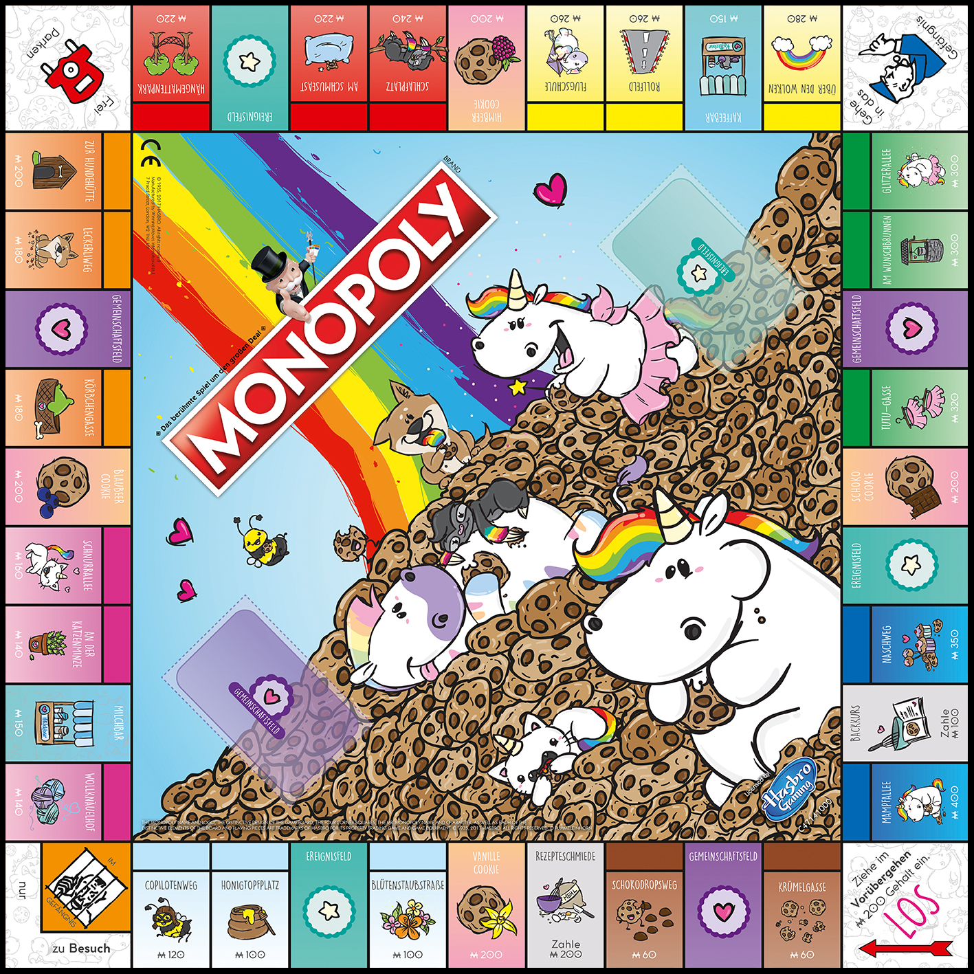 Monopoly-Brettspiel, bunt mit Cartoon-Einhörnern und einem Regenbogen.