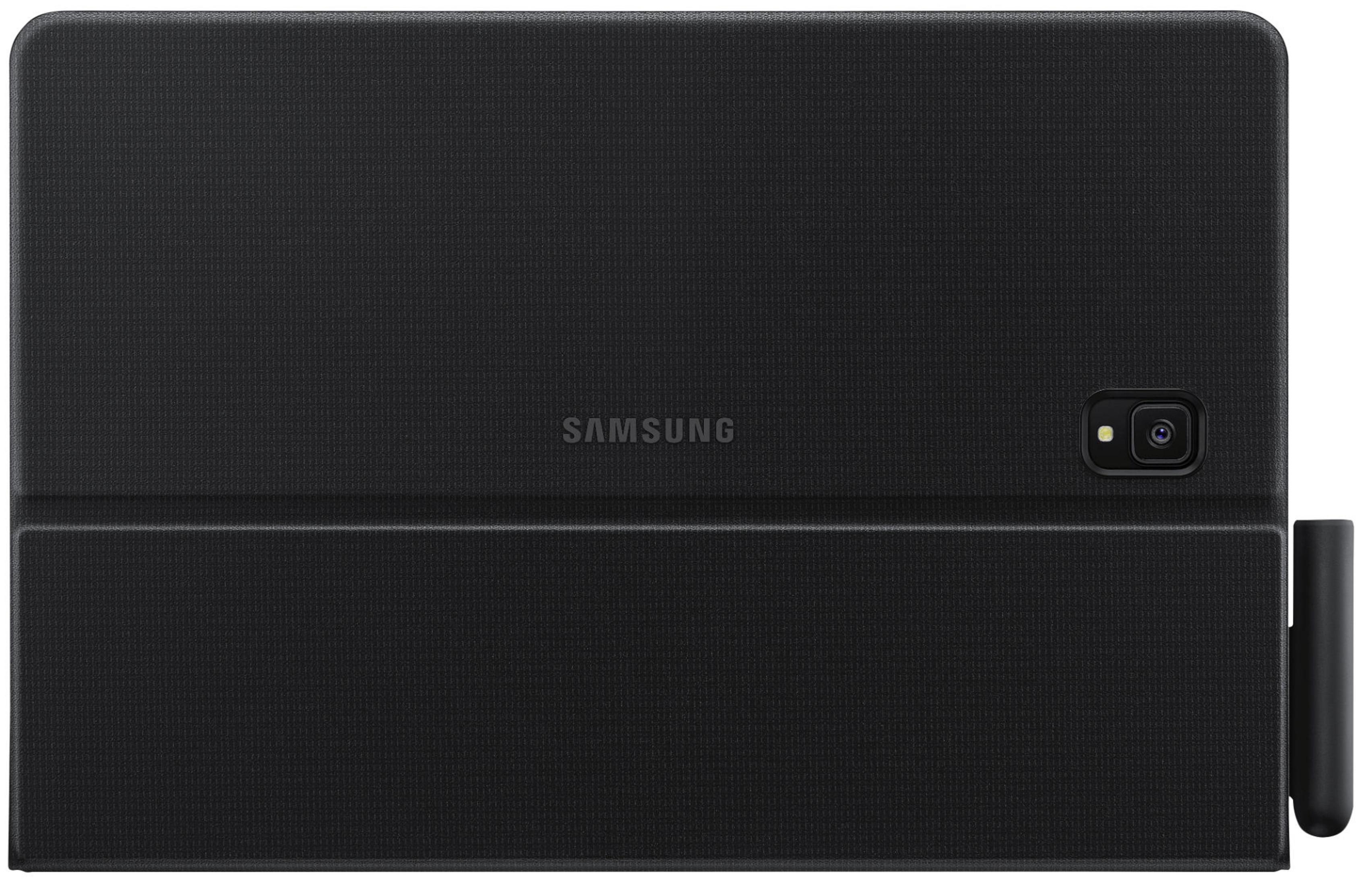 Eine schwarze Samsung Tablet-Hülle mit Kameraausschnitt und Stifthalter. 'SAMSUNG' ist aufgedruckt.