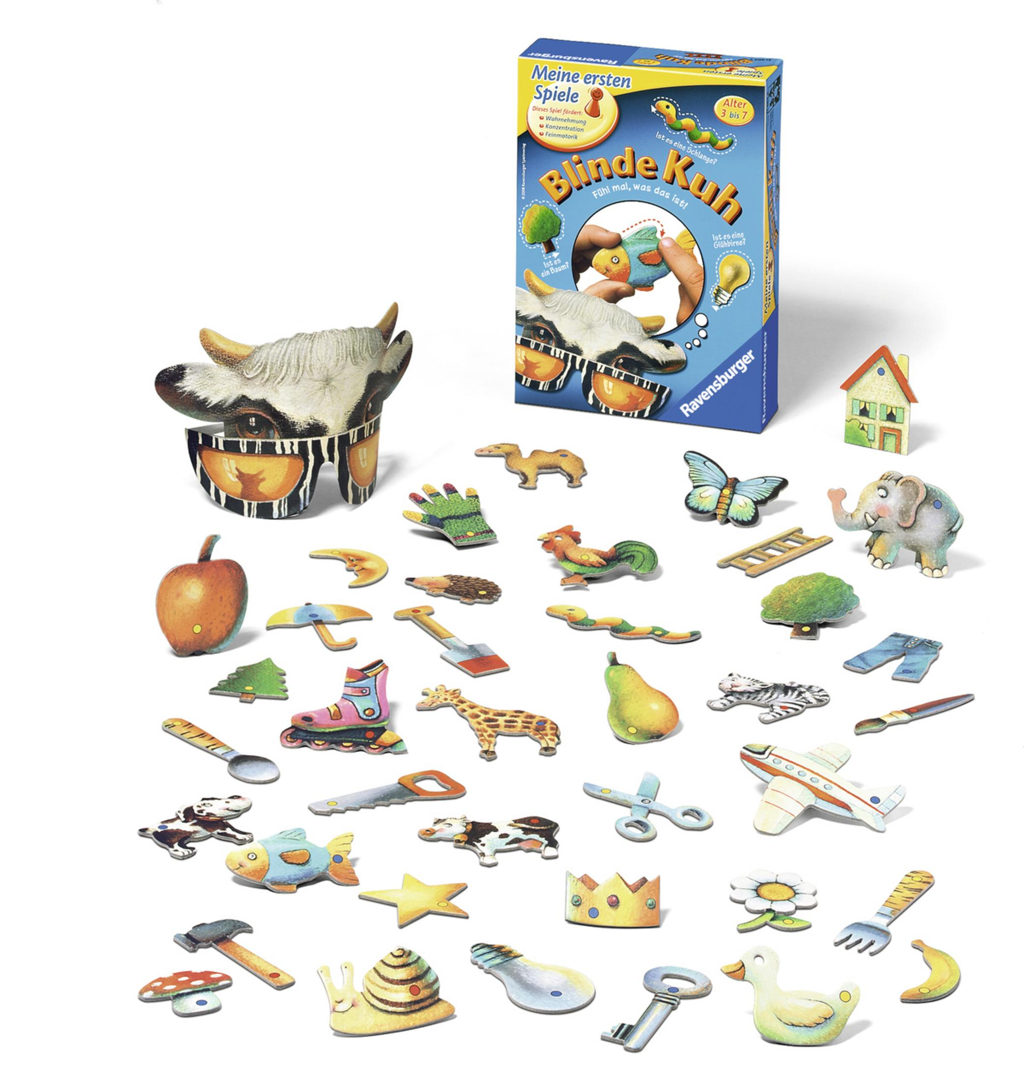 Spielzeug-Brettspiel: Kuhkopf und verschiedene Spielsteine, darunter Tiere und Haushaltsgegenstände.
