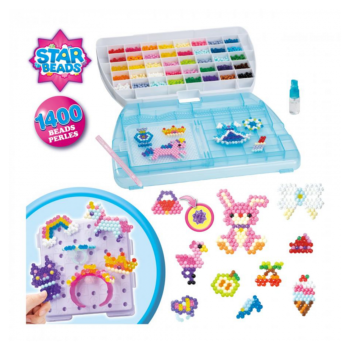 Ein Set mit bunten Perlen und zusammengesetzten Kunstwerken, mit einem rosafarbenen Stift und Kleber.