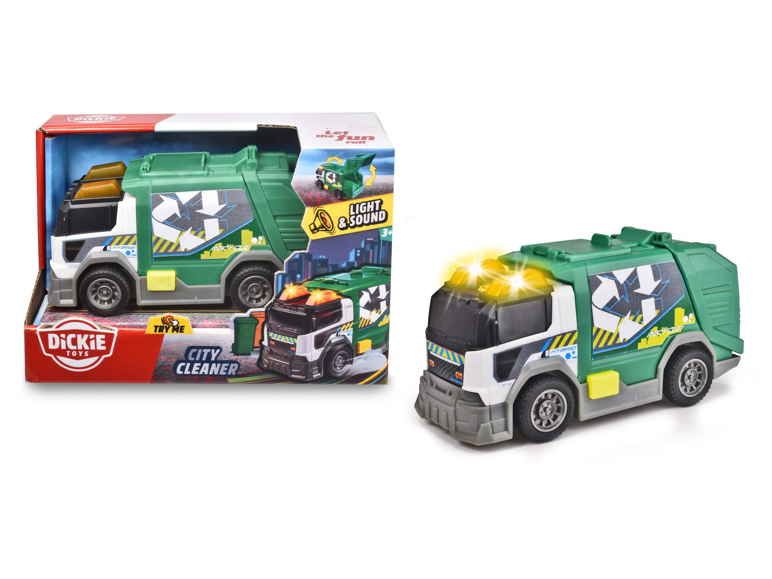 Grüner und weißer Spielzeug-Müllwagen mit Lichtern. Die Verpackung zeigt denselben LKW.
