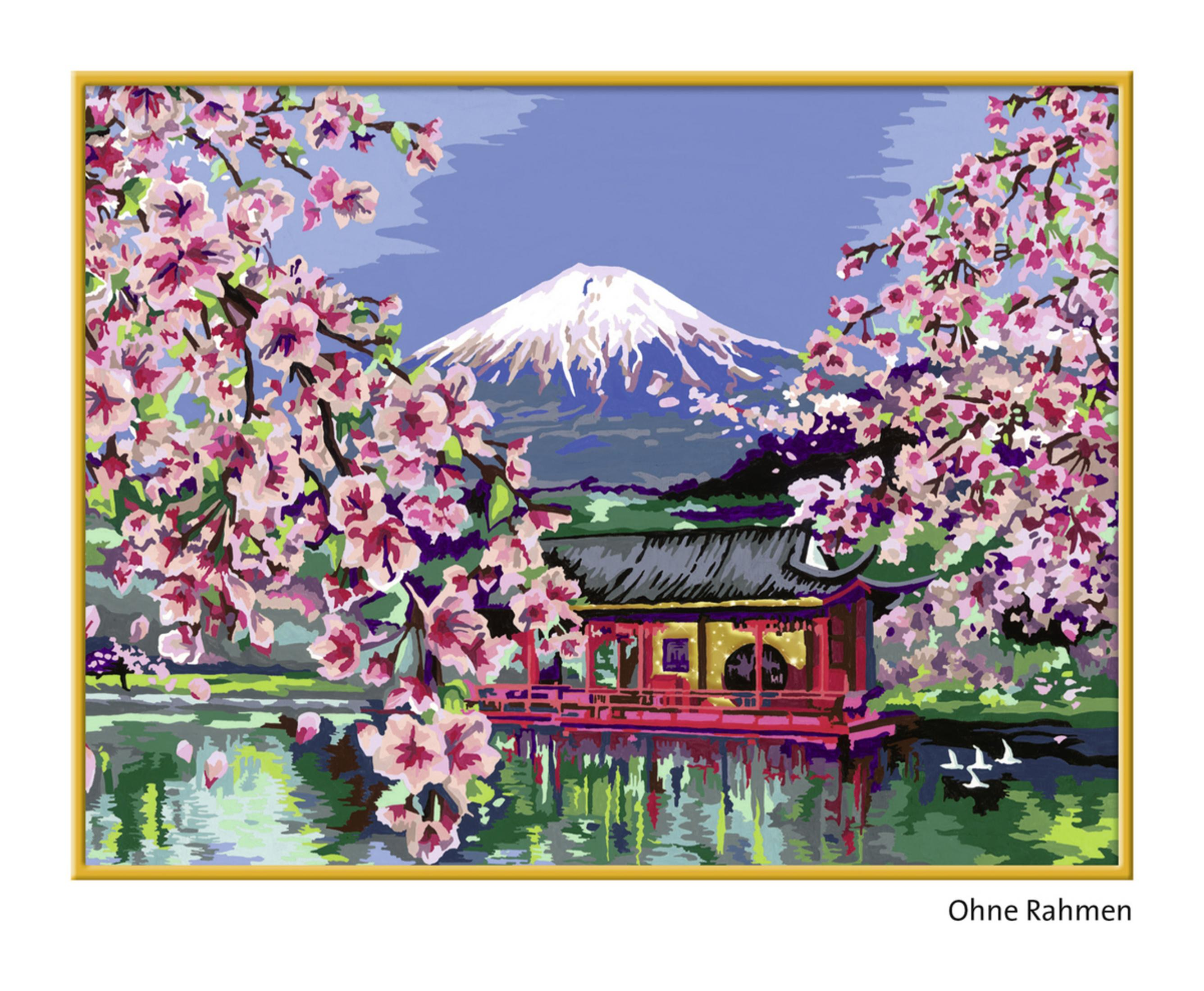 Dipinto di paesaggio giapponese con fiori di ciliegio, un lago e il monte Fuji.