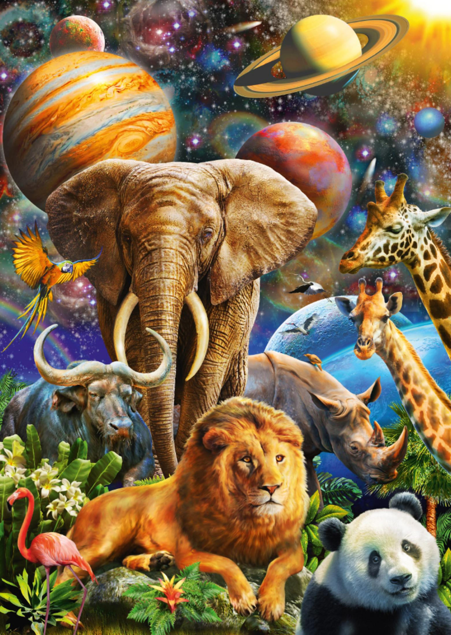 Eine Collage von Tieren, Planeten und Kosmos. Ein Löwe, Elefant, Giraffe, Nashorn, Panda und Papagei.