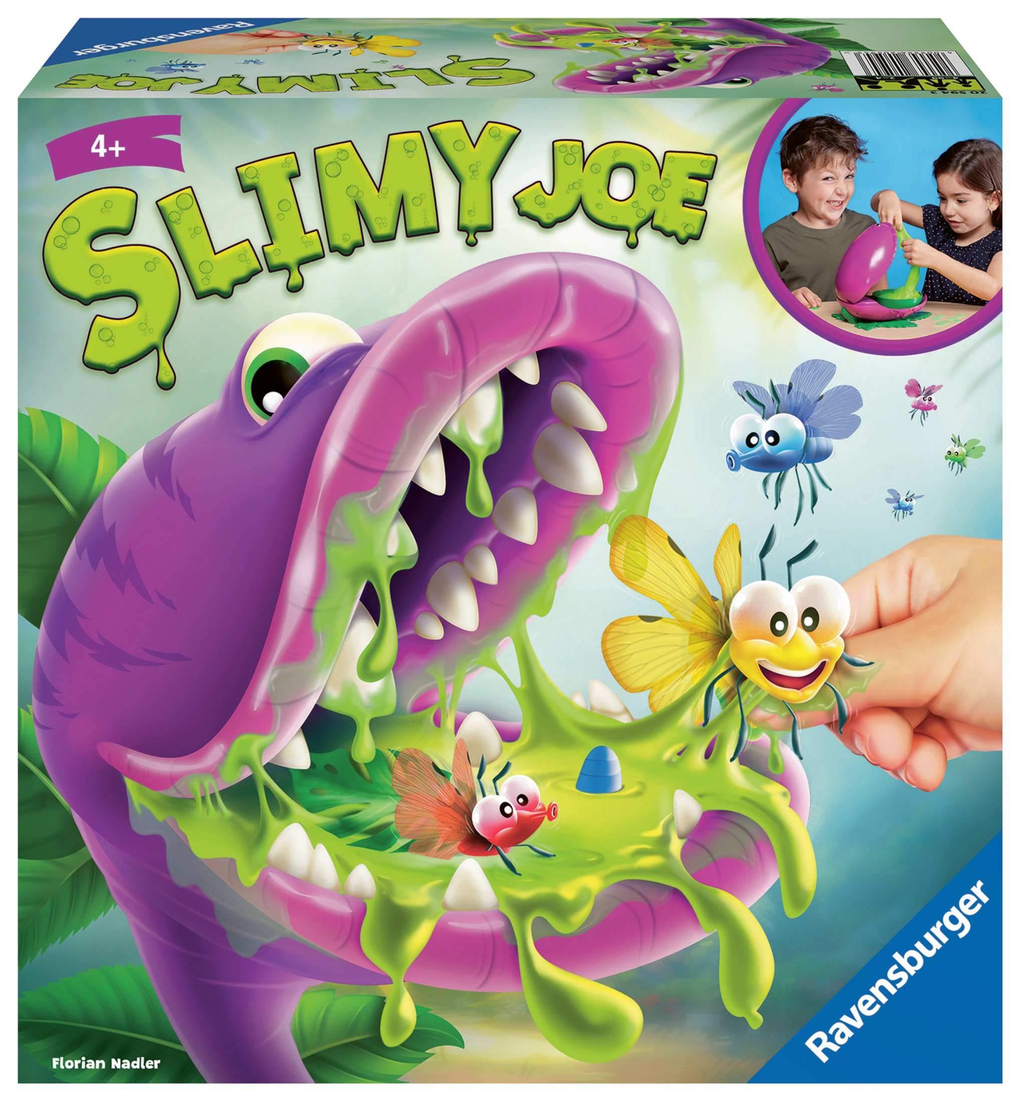 Box zeigt lila Monster mit grünem Schleim. Insekten fliegen herum. Kinder spielen mit Schleim.