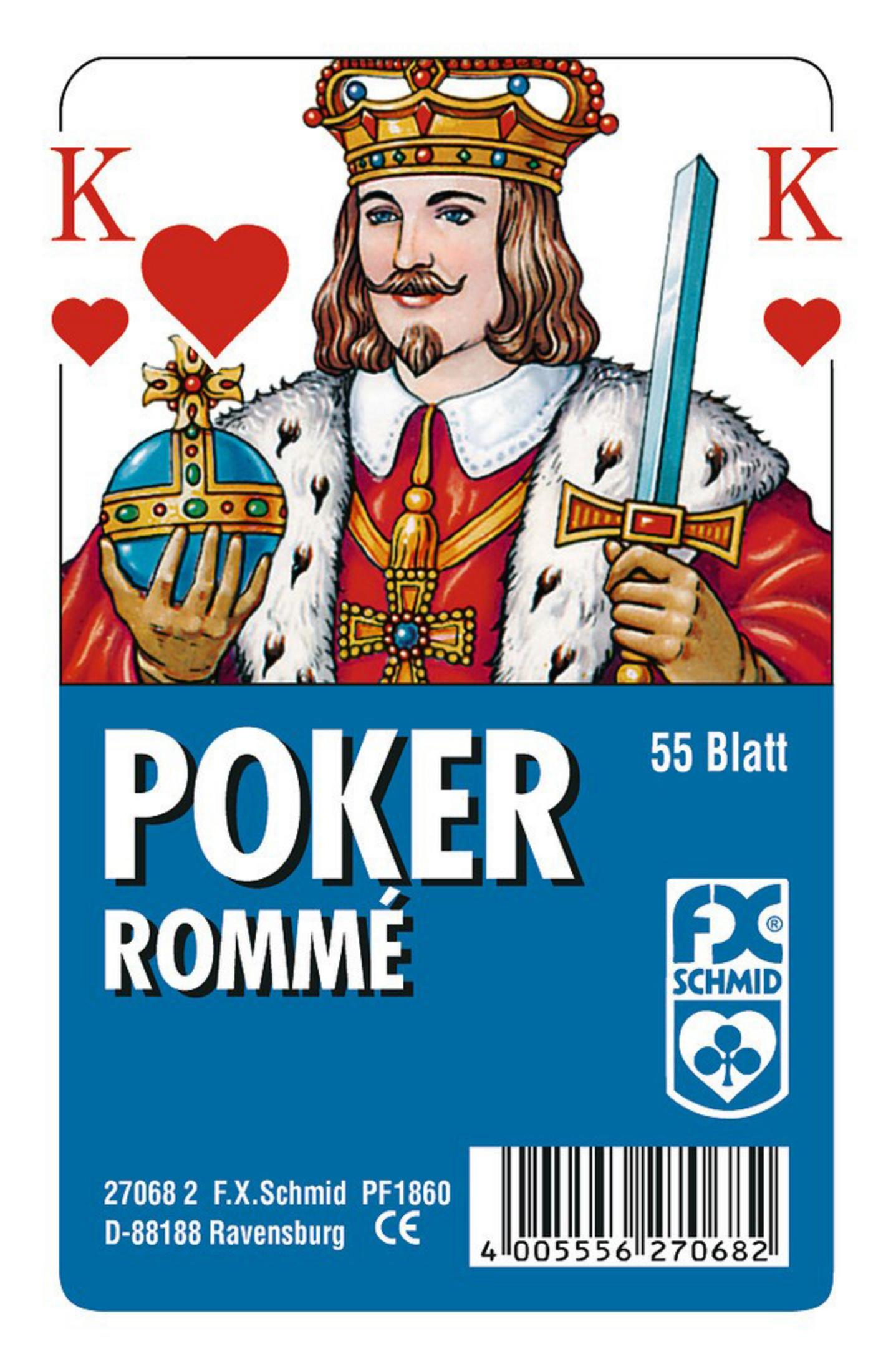 Pokerkarte mit Herz-König. Text beinhaltet 'POKER ROMMÉ' und '55 Blatt'. Blauer Hintergrund.
