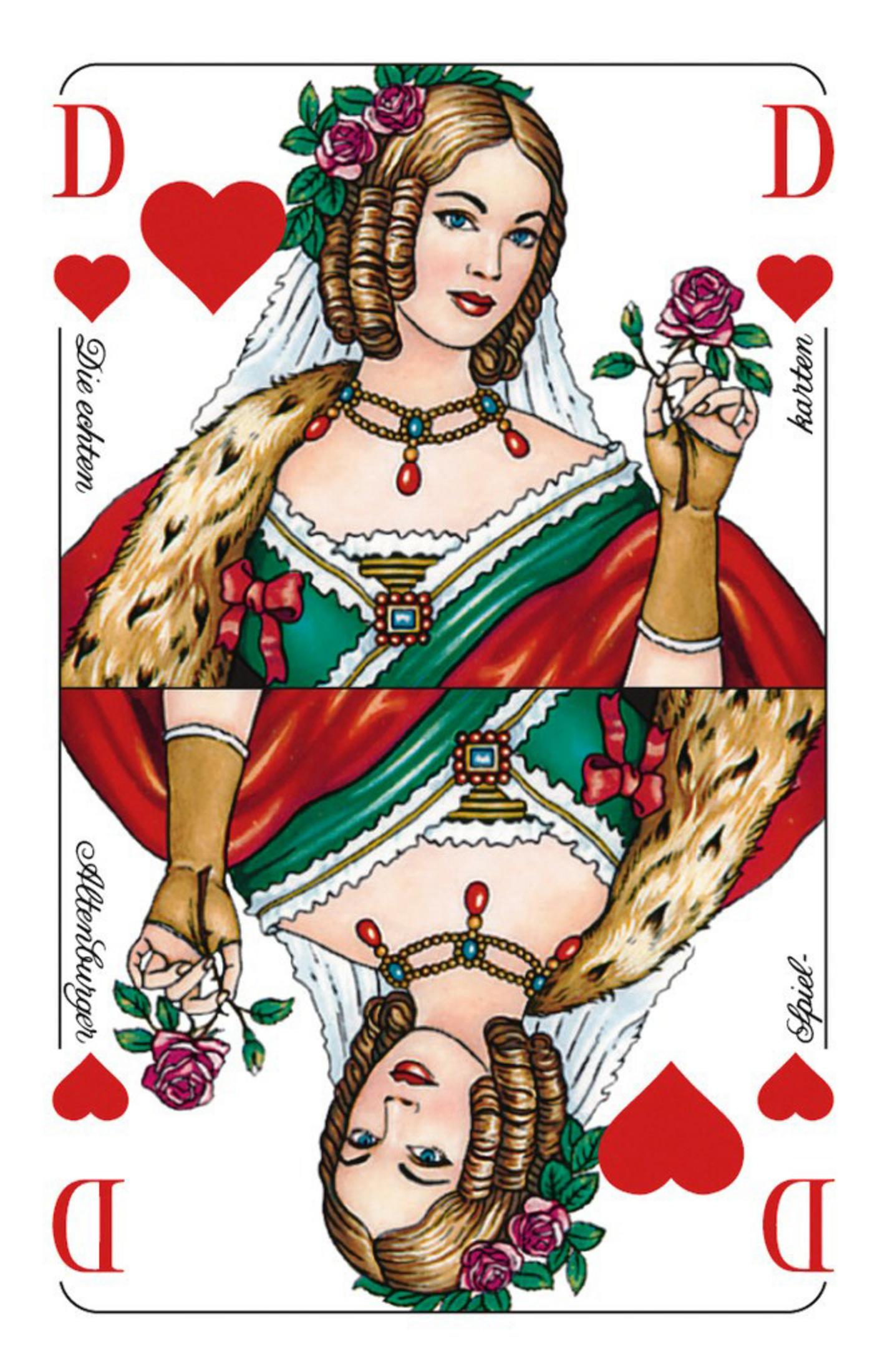 Spielkarte mit einer Frau in einem Kleid und einer Krone. Herzen in jeder Ecke.