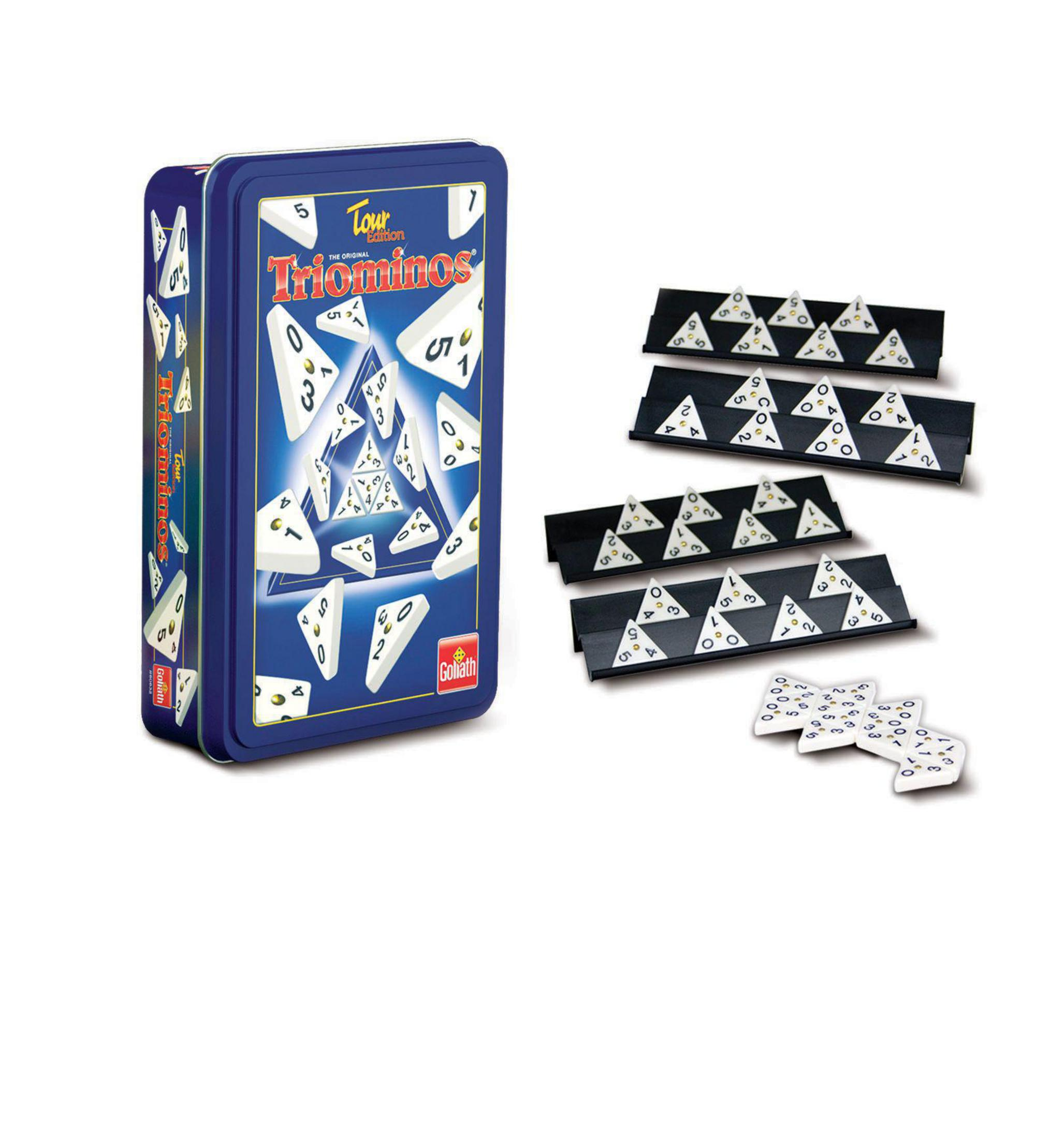 Ein Triominos-Spielset mit einer blauen Blechdose und dreieckigen Spielsteinen und Haltern.