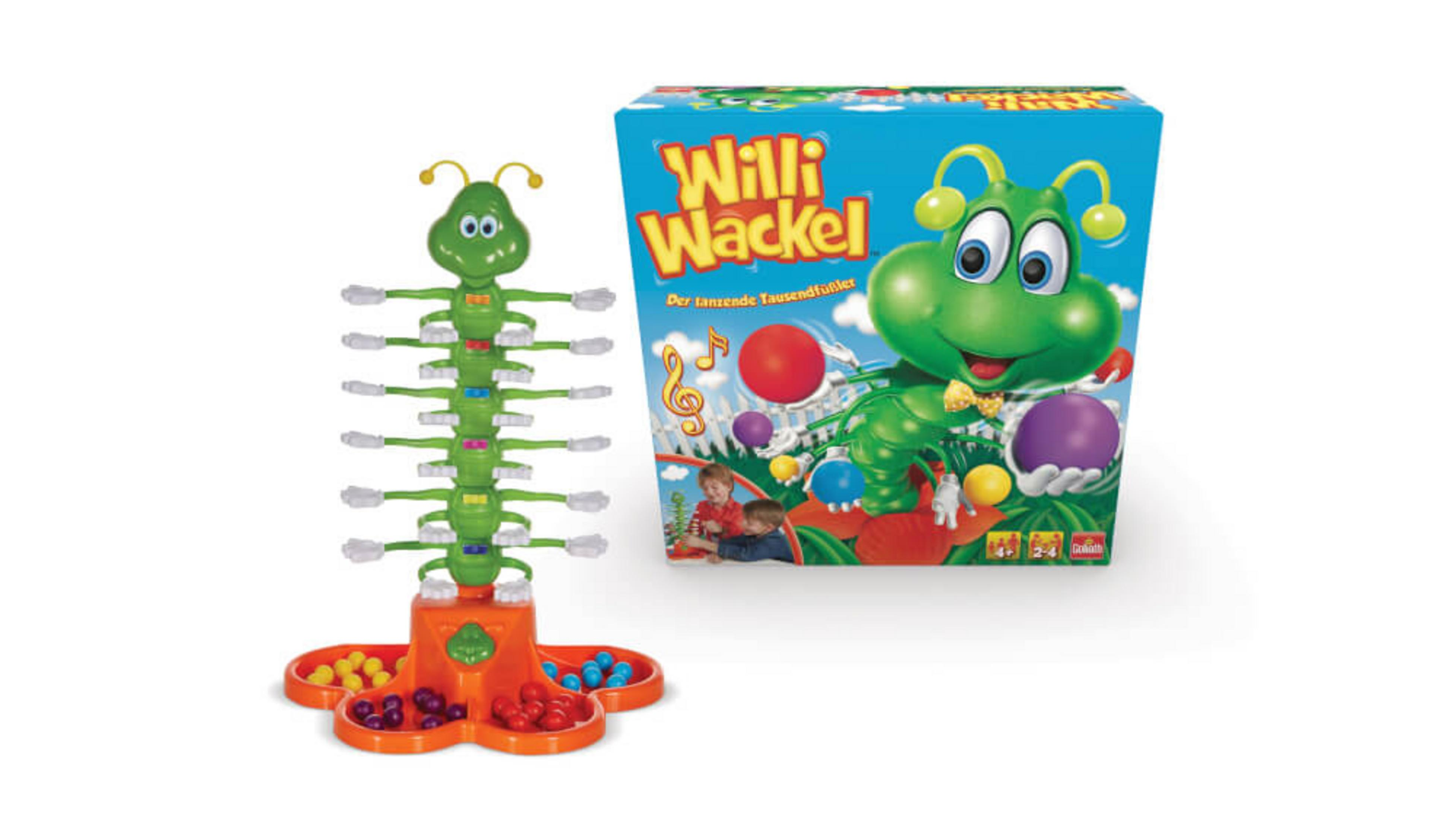 Ein Willi Wackel-Spielset mit einer grünen Raupe auf einem Ständer und einer Spielbox.