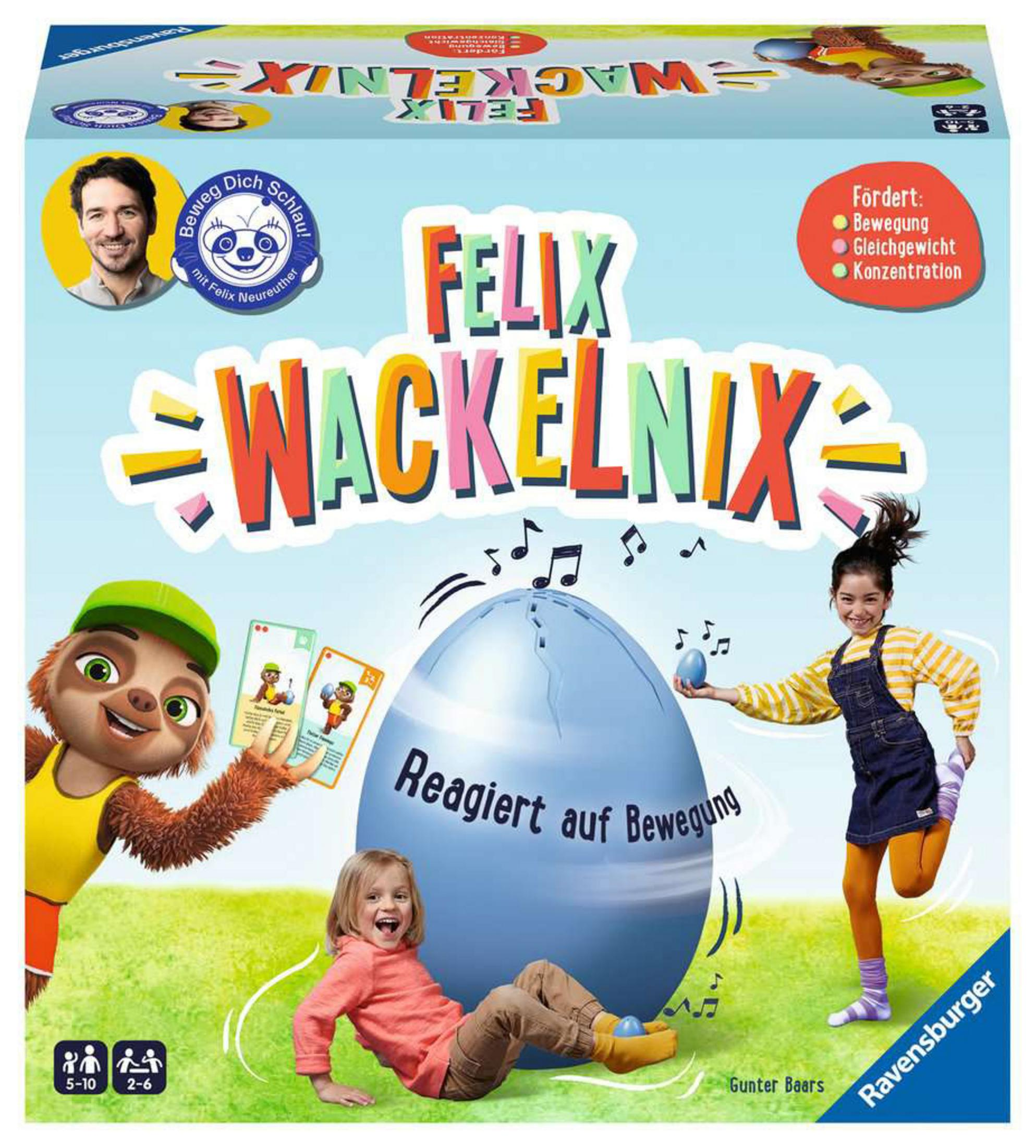 Brettspielbox mit Zeichentrickfiguren und Text. Kinder spielen Spiel mit Ei und Noten.