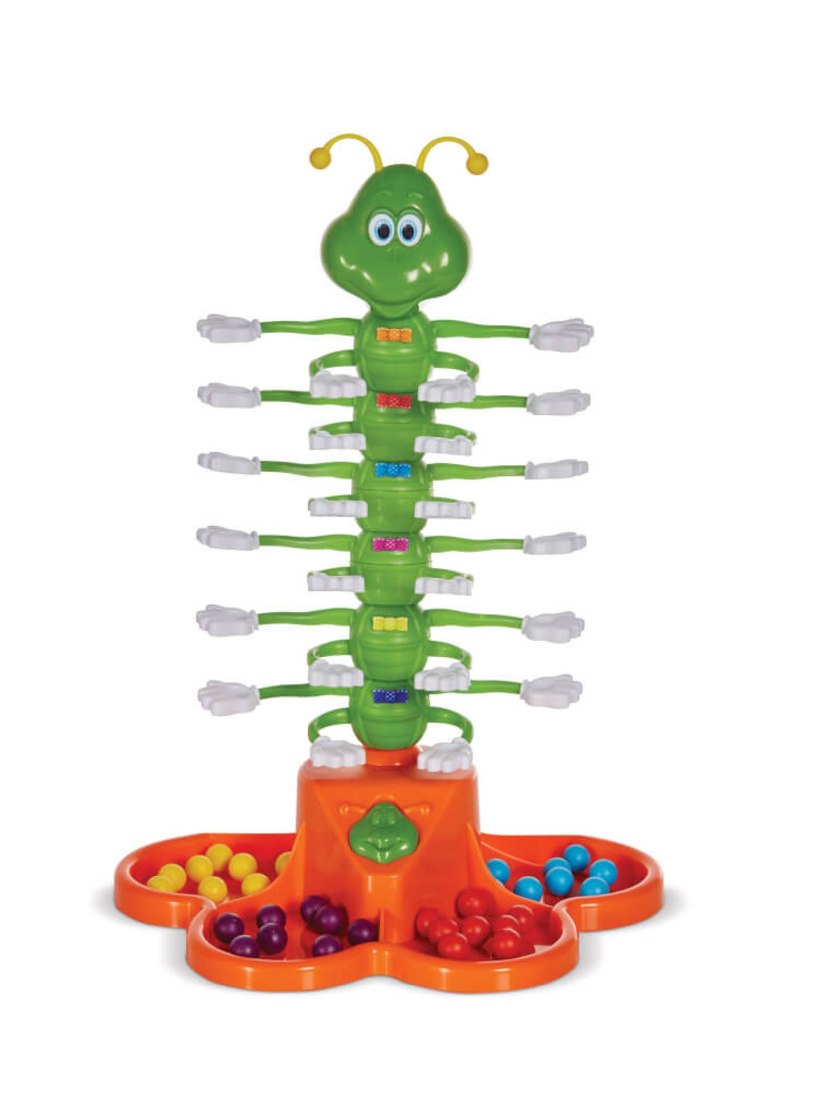 Tausendfüßler-Spielzeug mit farbigen Kugeln. Grüner Körper, orangefarbene Basis, Arme halten Kugeln.