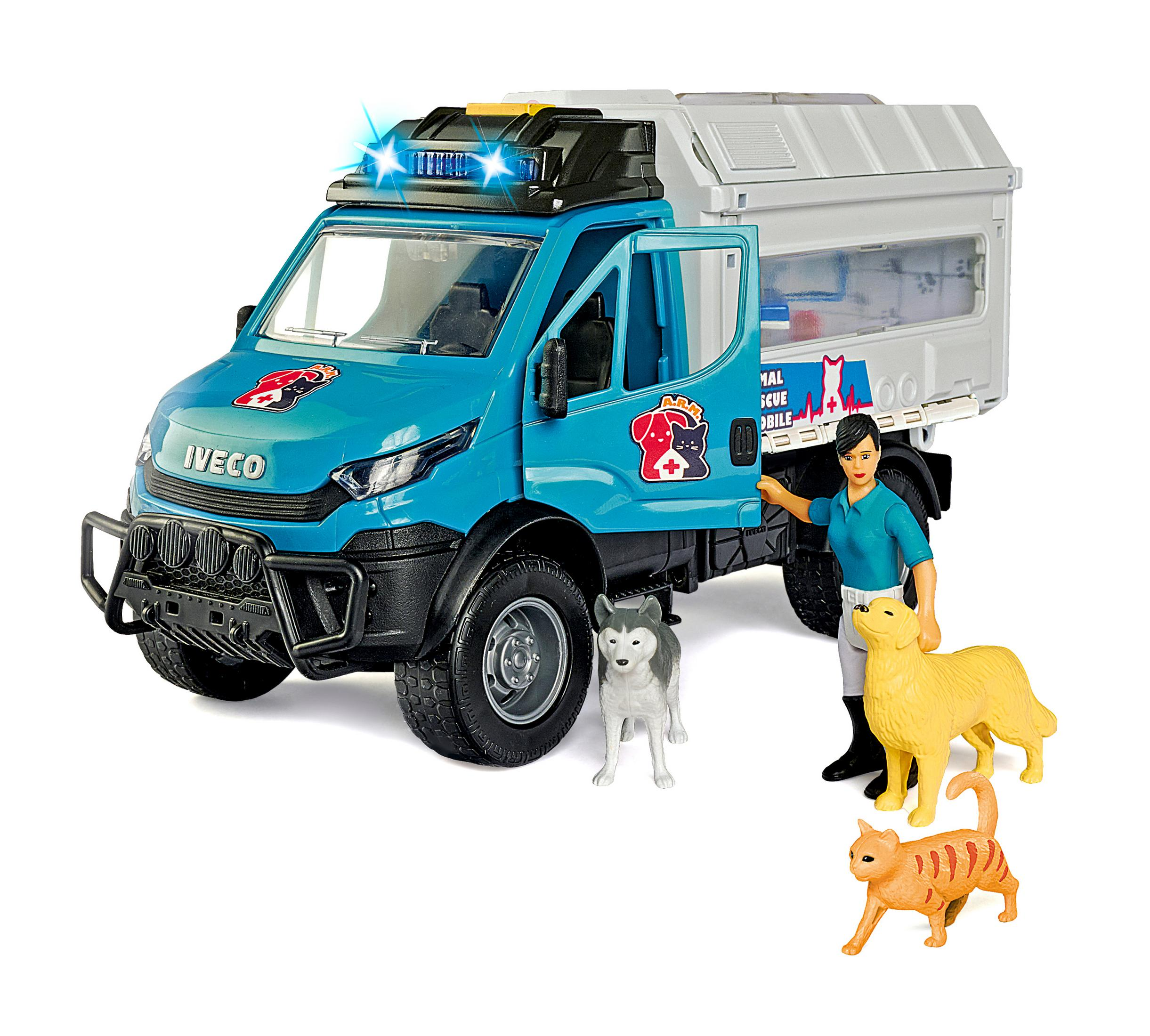 Blauer Iveco Tierrettungswagen mit Person und drei Spielzeugtieren: Husky, Golden Retriever und Katze.