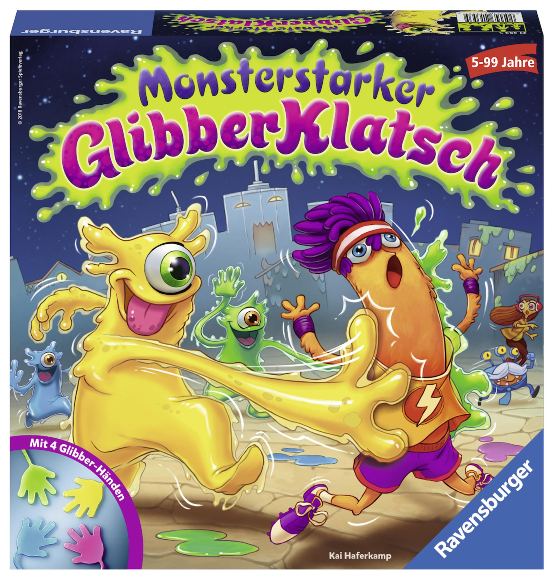 Brettspielbox mit Monstern und dem Titel 'GlibberKlatsch'.