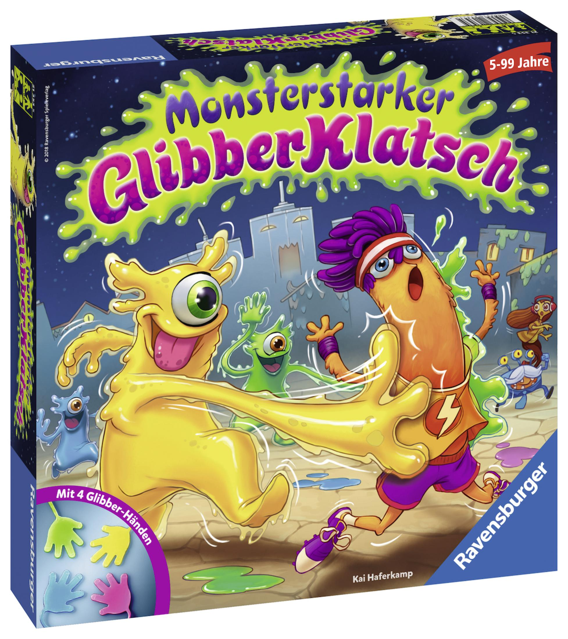 Eine Spielbox mit dem Titel 'Monsterstarker Glibberklatsch' mit Cartoon-Monster-Illustrationen und verschiedenen handförmigen Zubehörteilen.