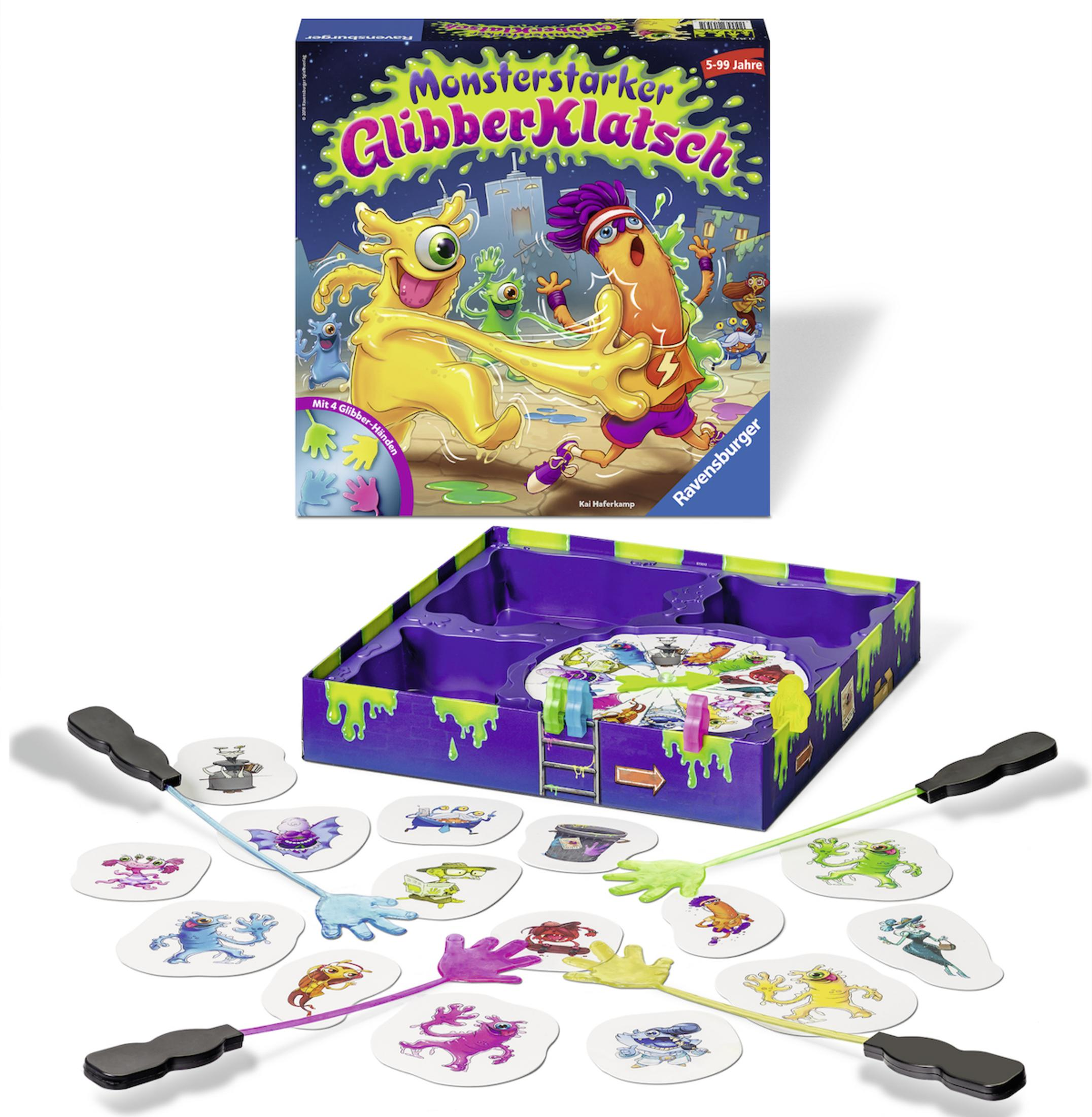 Spielbox mit Monstermotiv. Enthält Karten und Spielsteine. Bunte Illustration von Monstern.