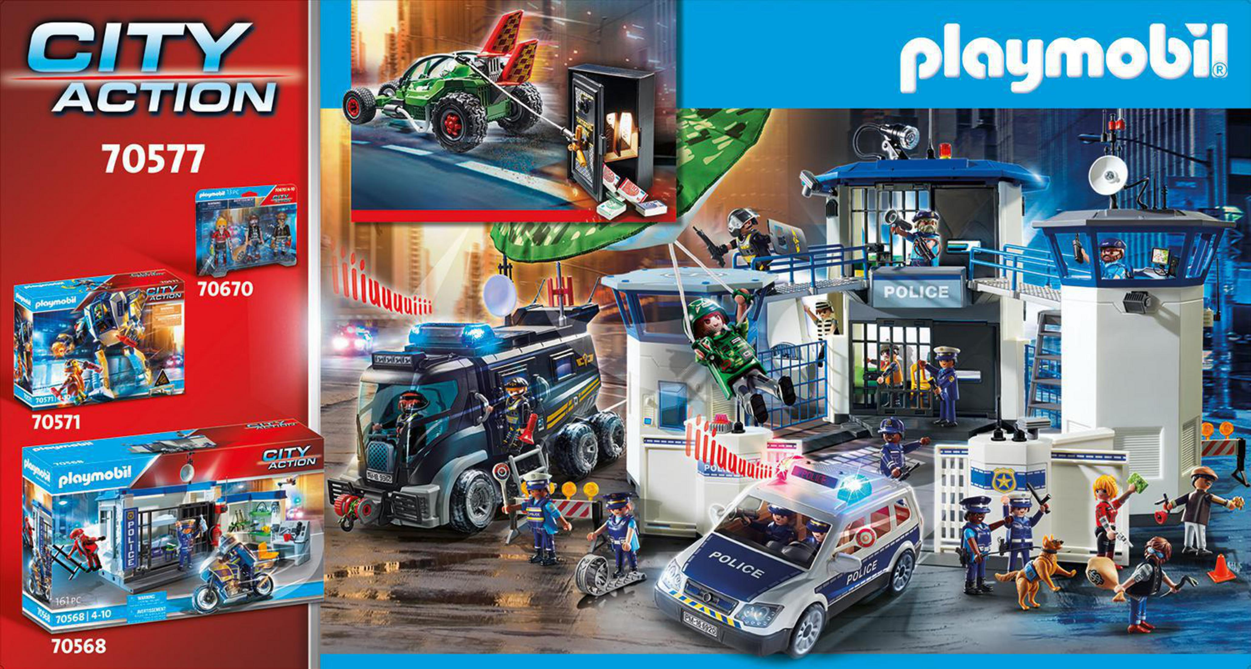 Set Playmobil City Action, incluyendo estación de policía, vehículos y figuras.
