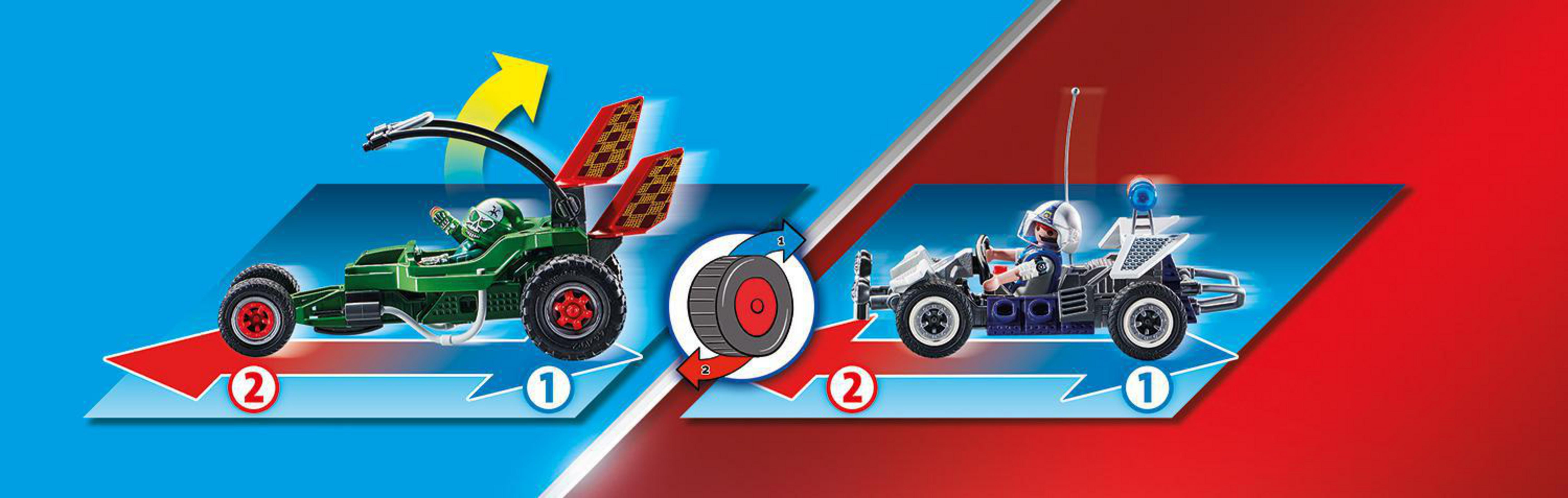 Dos coches de carreras de juguete, uno verde y otro blanco, con un gráfico de rueda giratoria roja.