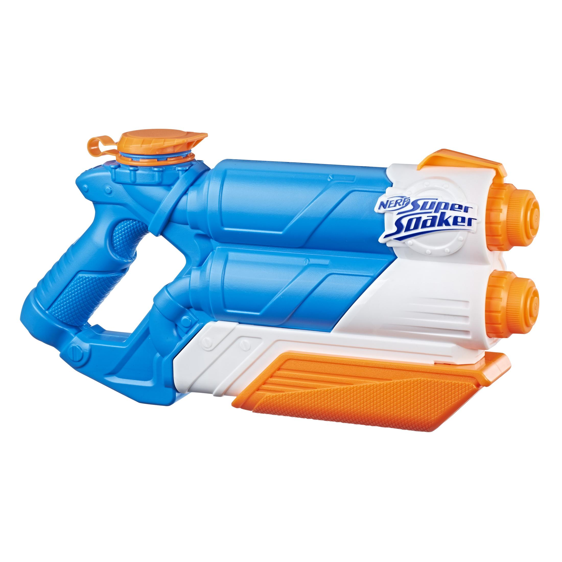 Pistola de agua Nerf Super Soaker azul y blanca con detalles naranjas.