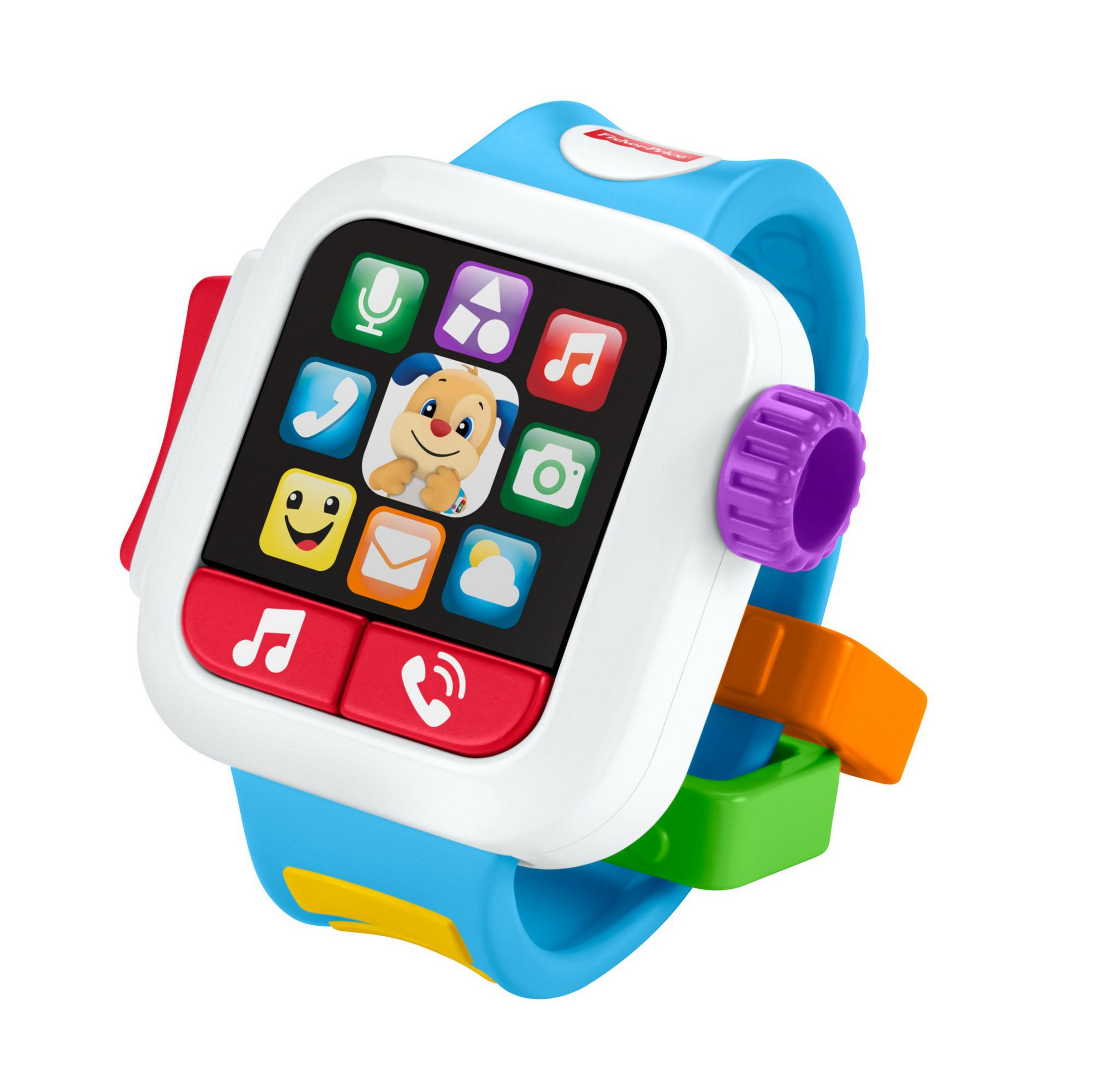 Eine blaue und weiße Spielzeug-Smartwatch für ein Baby. Zeigt Symbole auf dem Bildschirm.