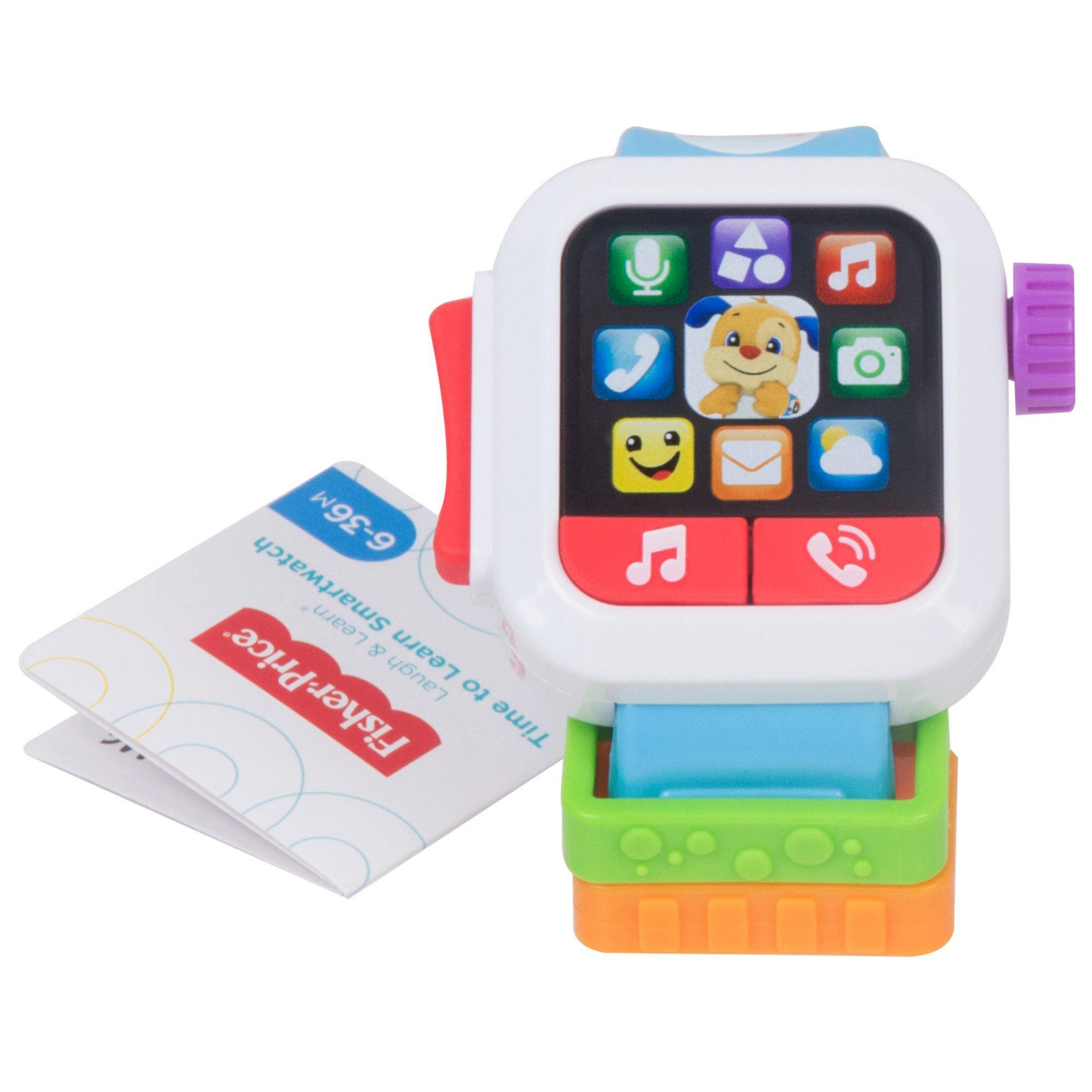 Eine weiße und bunte Spielzeug-Smartwatch, mit einem Heft, auf weißem Hintergrund.