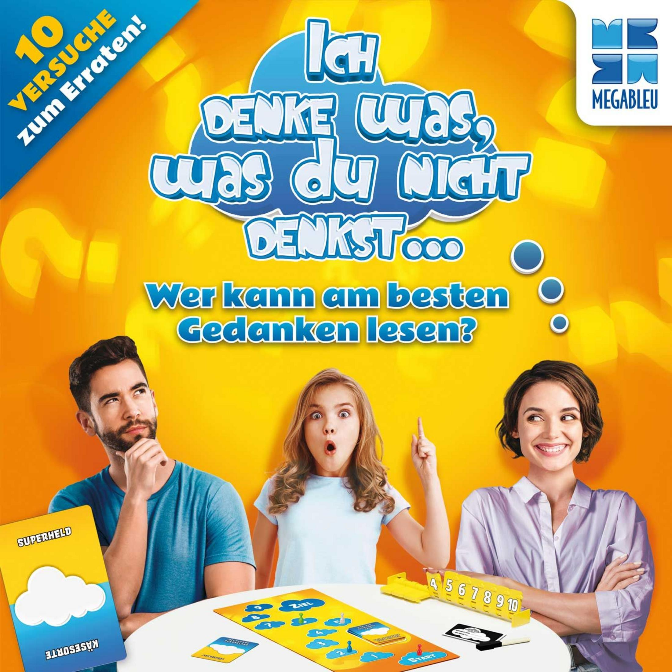 Brettspiel mit dreiköpfiger Familie. Spieltitel auf Deutsch, hellgelber Hintergrund, Fragezeichen.