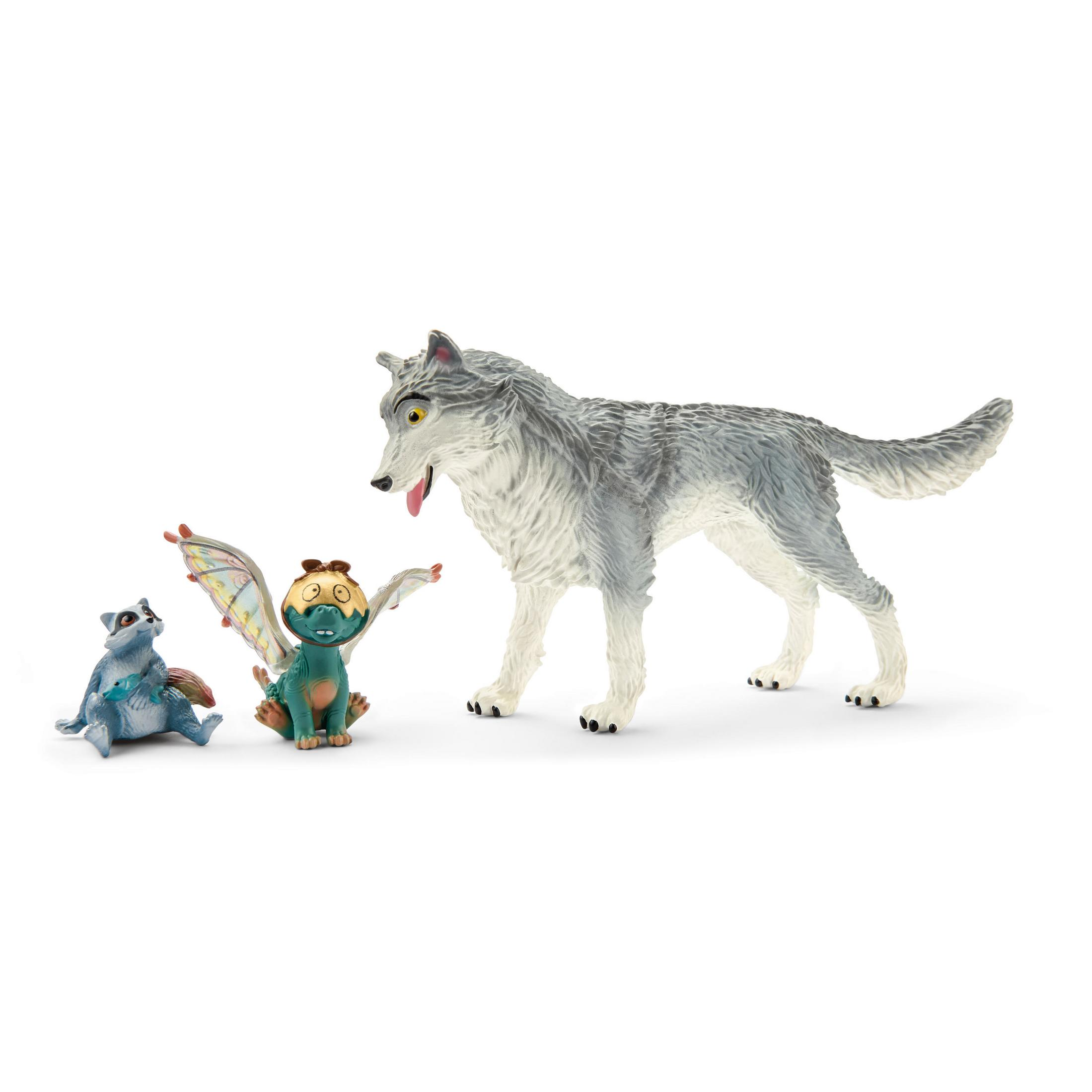 Drei Spielfiguren von Wolf, Drachen und Waschbär.
