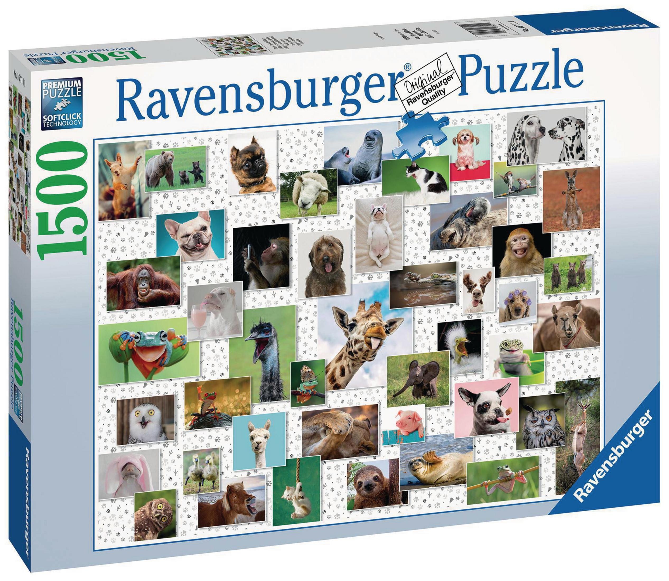 Eine Ravensburger Puzzle-Box mit verschiedenen Tierbildern auf der Vorderseite. Das Bild ist eine Collage.