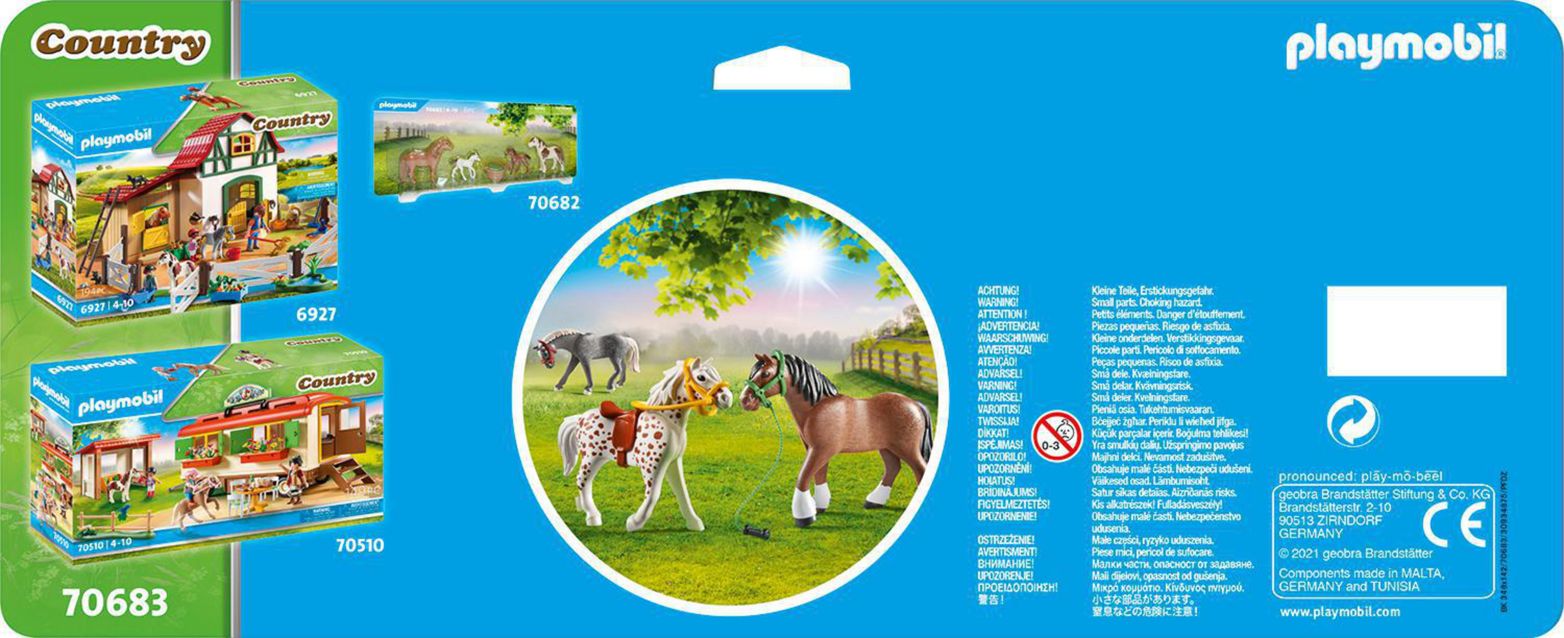 Playmobil-Box-Set mit einer ländlichen Szene mit Pferden und Figuren, mit Text und Bildern.
