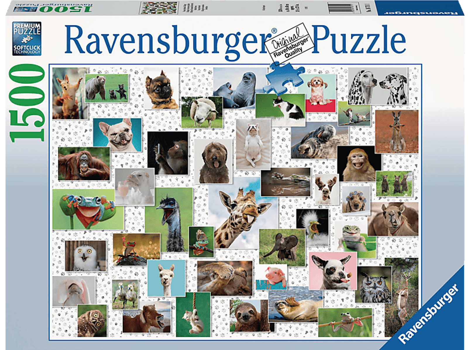 Ravensburger Puzzlebox mit verschiedenen Tierfotos, darunter Hunde, Katzen und andere Tiere.
