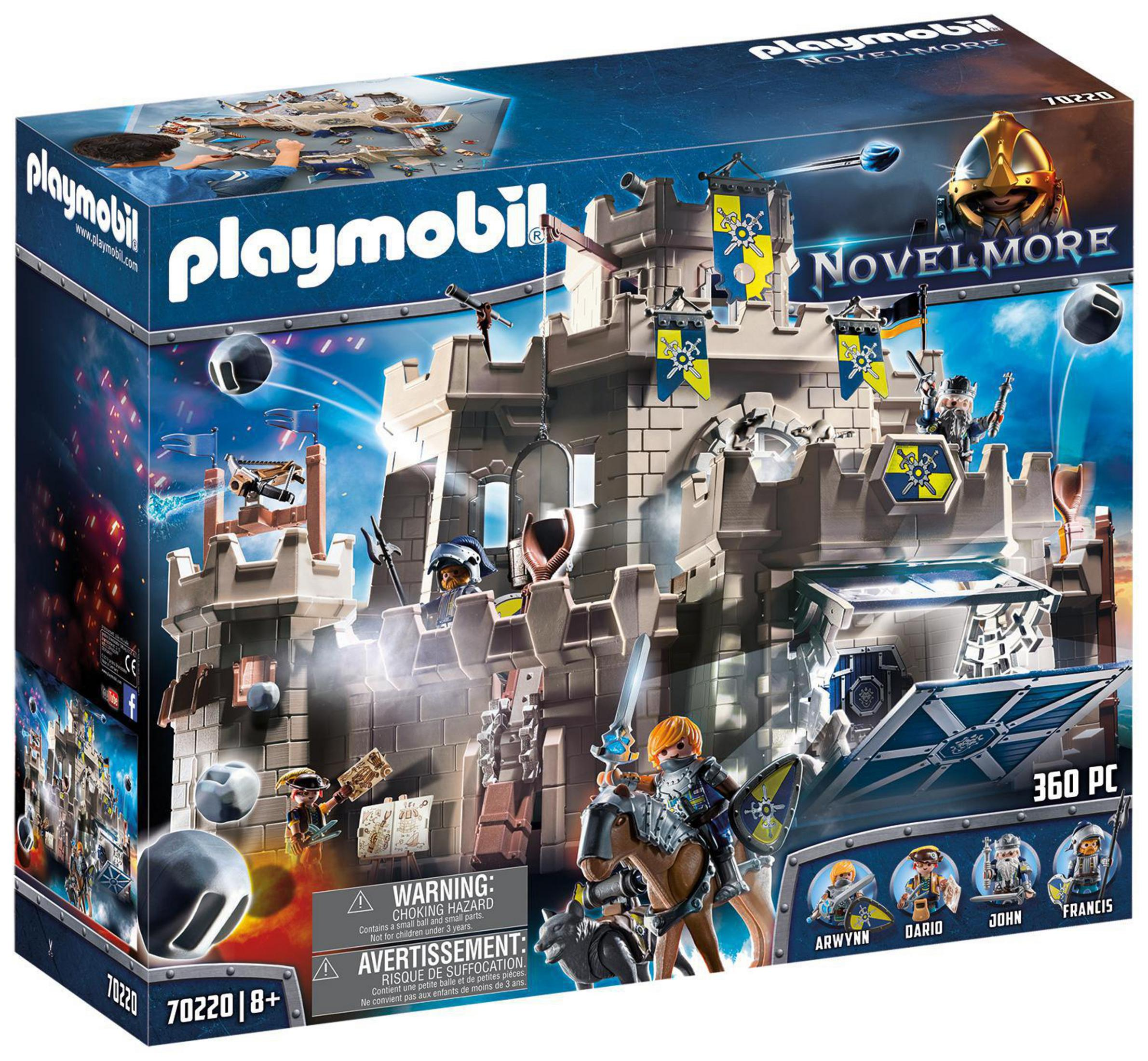 Playmobil Schloss-Set-Box. Graues Schloss mit Spielfiguren und blauem Himmel.