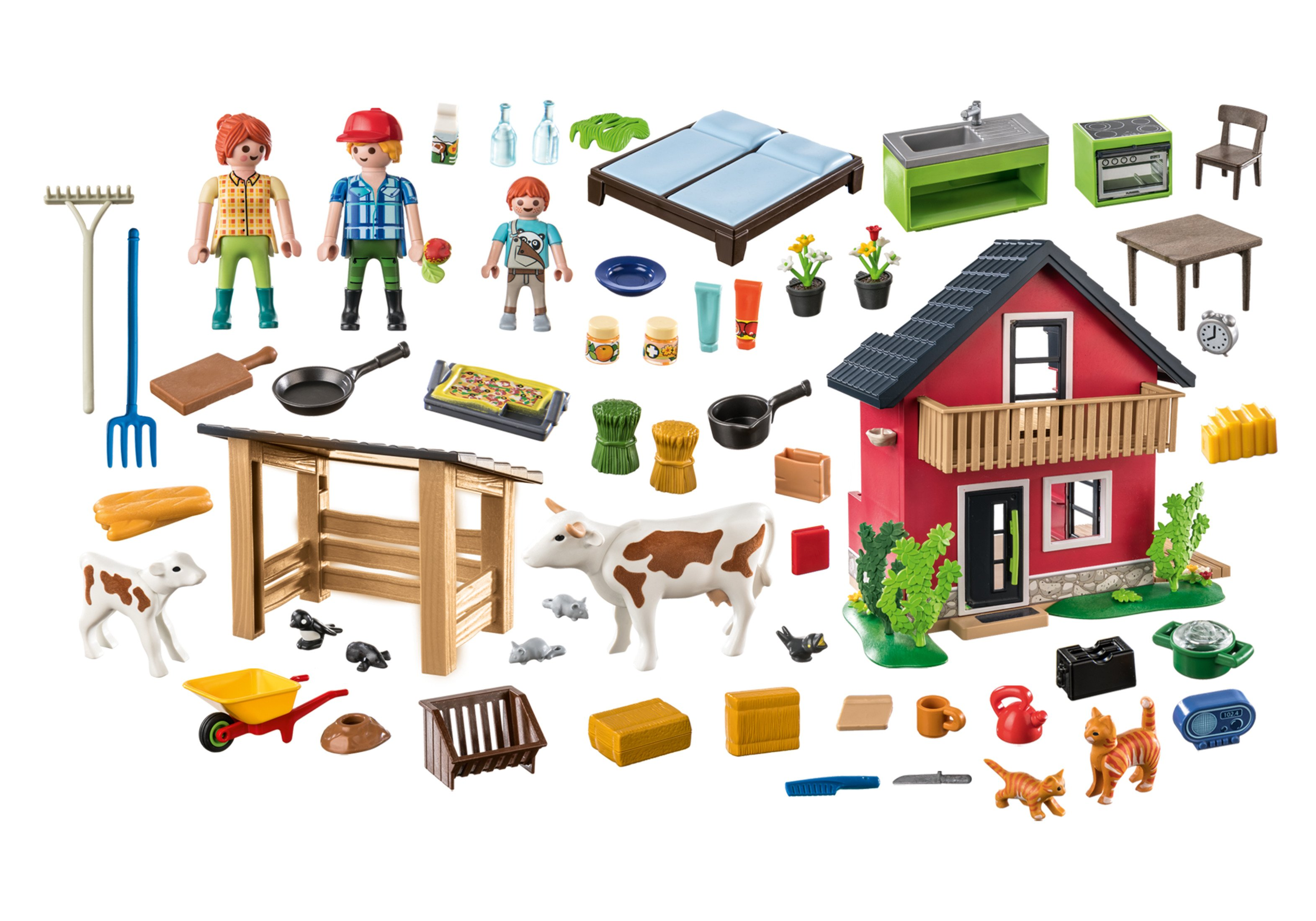 Playmobil Bauernhof-Set mit Figuren, Tieren und verschiedenen landwirtschaftlichen Artikeln.