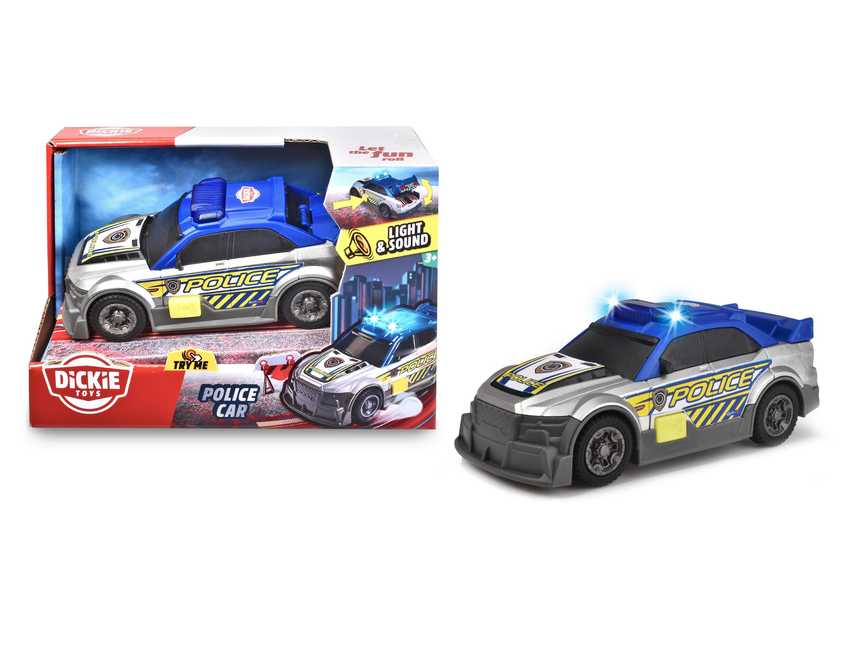 Spielzeug-Polizeiauto in einer Box und separat. Silber und blau mit Licht und Sound.